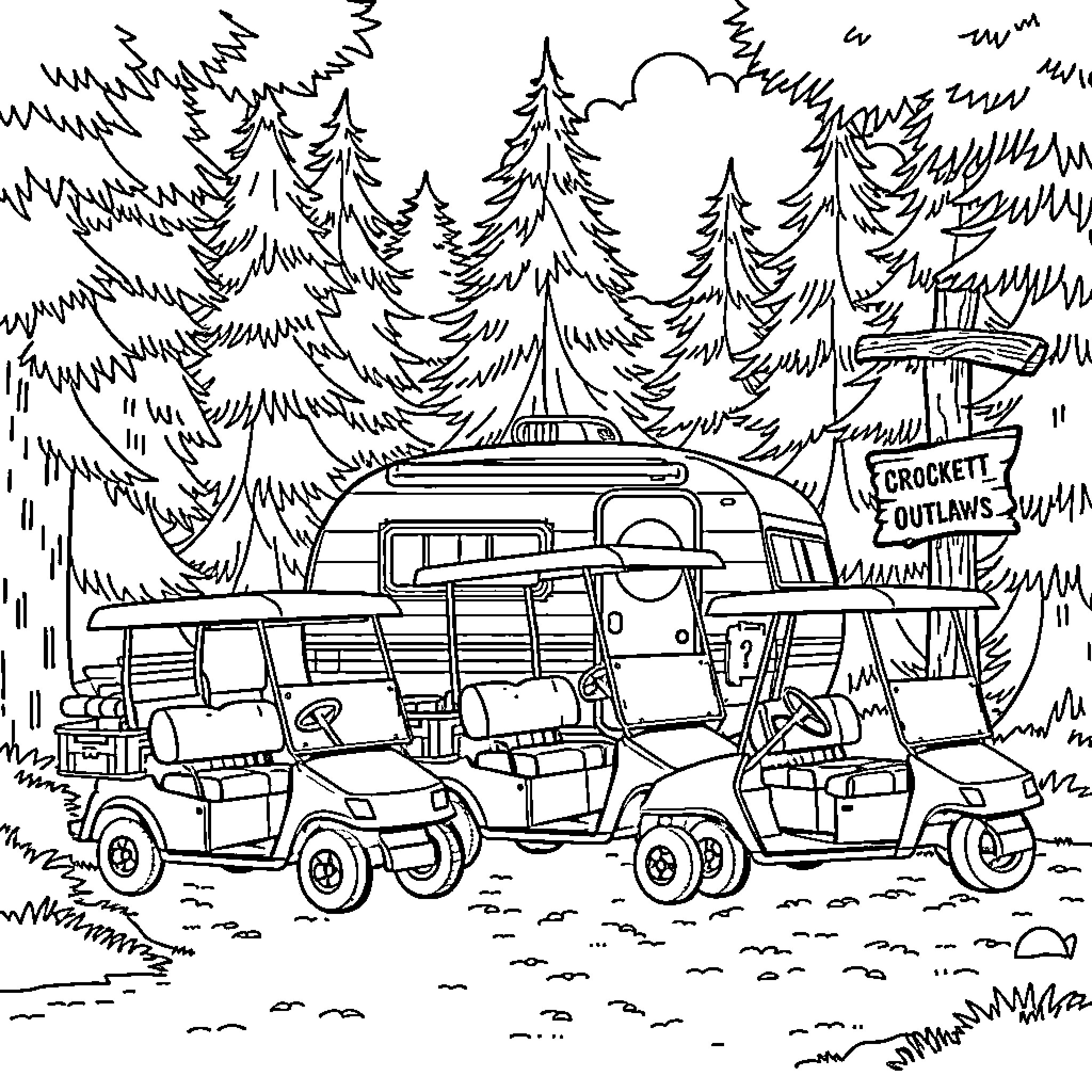 Golf Cart Caravan in the Wooded Campground Coloring Page (free black-and-white line drawing printable PDF for all, from beginners to advanced learners, including children, teens, adults, and seniors)