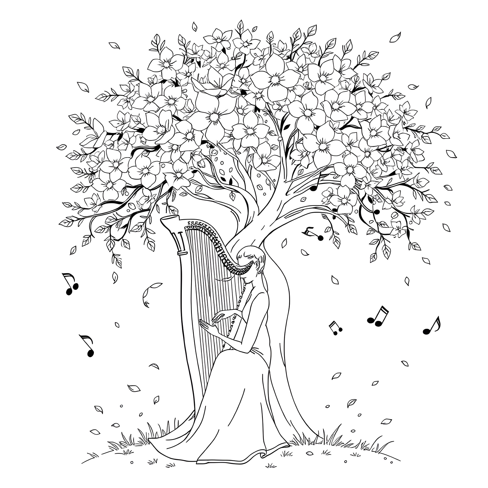 Melody of Nature's Harmony Coloring Page (free black-and-white line drawing printable PDF for all, from beginners to advanced learners, including children, teens, adults, and seniors)