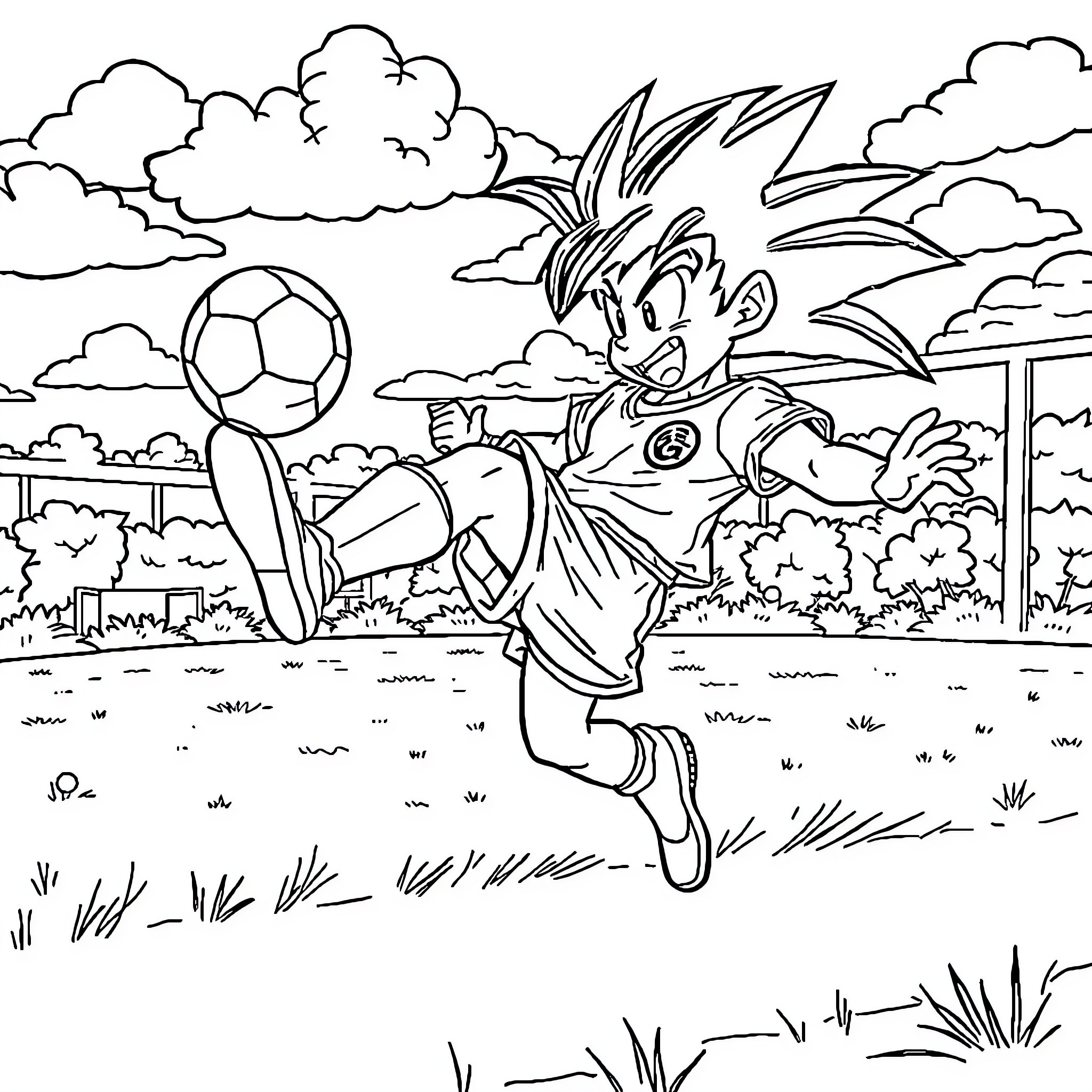 Gogo playing joyfully with a soccer ball in the park Coloring Page (free black-and-white line drawing printable PDF for all, from beginners to advanced learners, including children, teens, adults, and seniors)