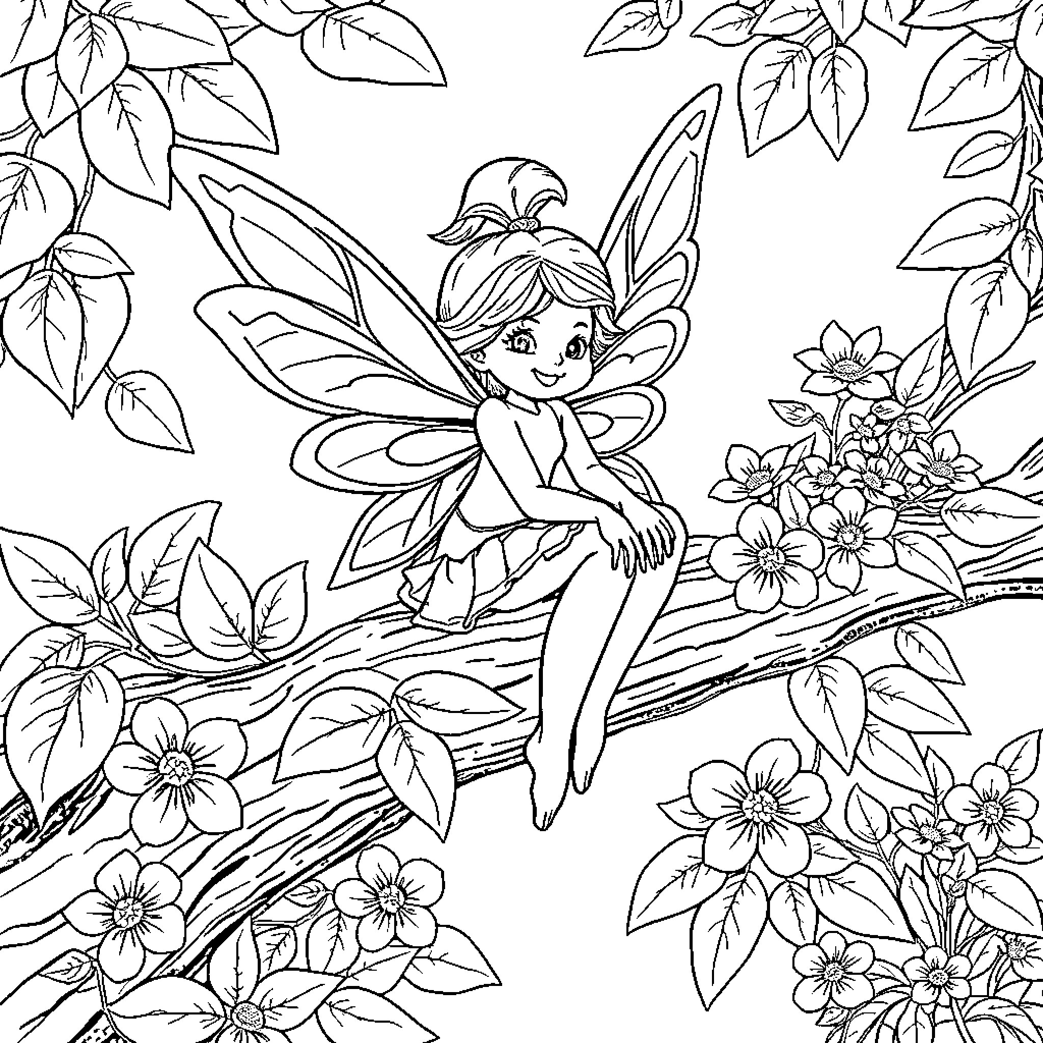 Fairy resting amidst blooming flowers Coloring Page (free black-and-white line drawing printable PDF for all, from beginners to advanced learners, including children, teens, adults, and seniors)