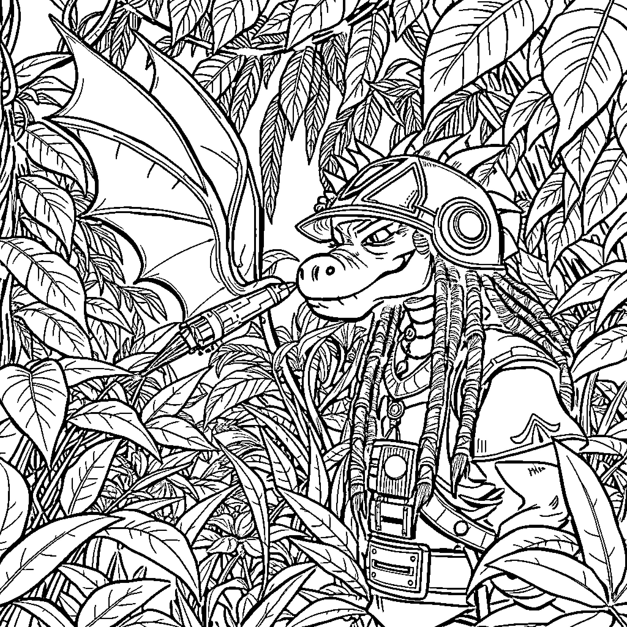 Cizayox's adventure in the enchanted jungle Coloring Page (free black-and-white line drawing printable PDF for all, from beginners to advanced learners, including children, teens, adults, and seniors)