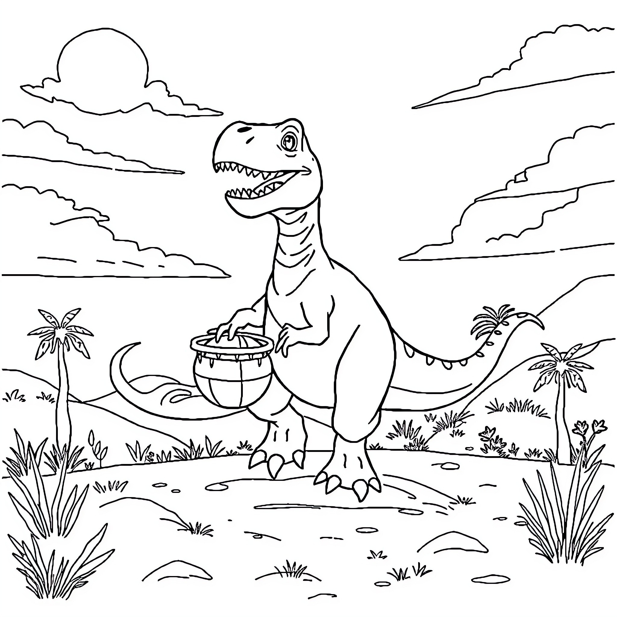 Dinosaur enjoying a tropical feast Coloring Page (free black-and-white line drawing printable PDF for all, from beginners to advanced learners, including children, teens, adults, and seniors)