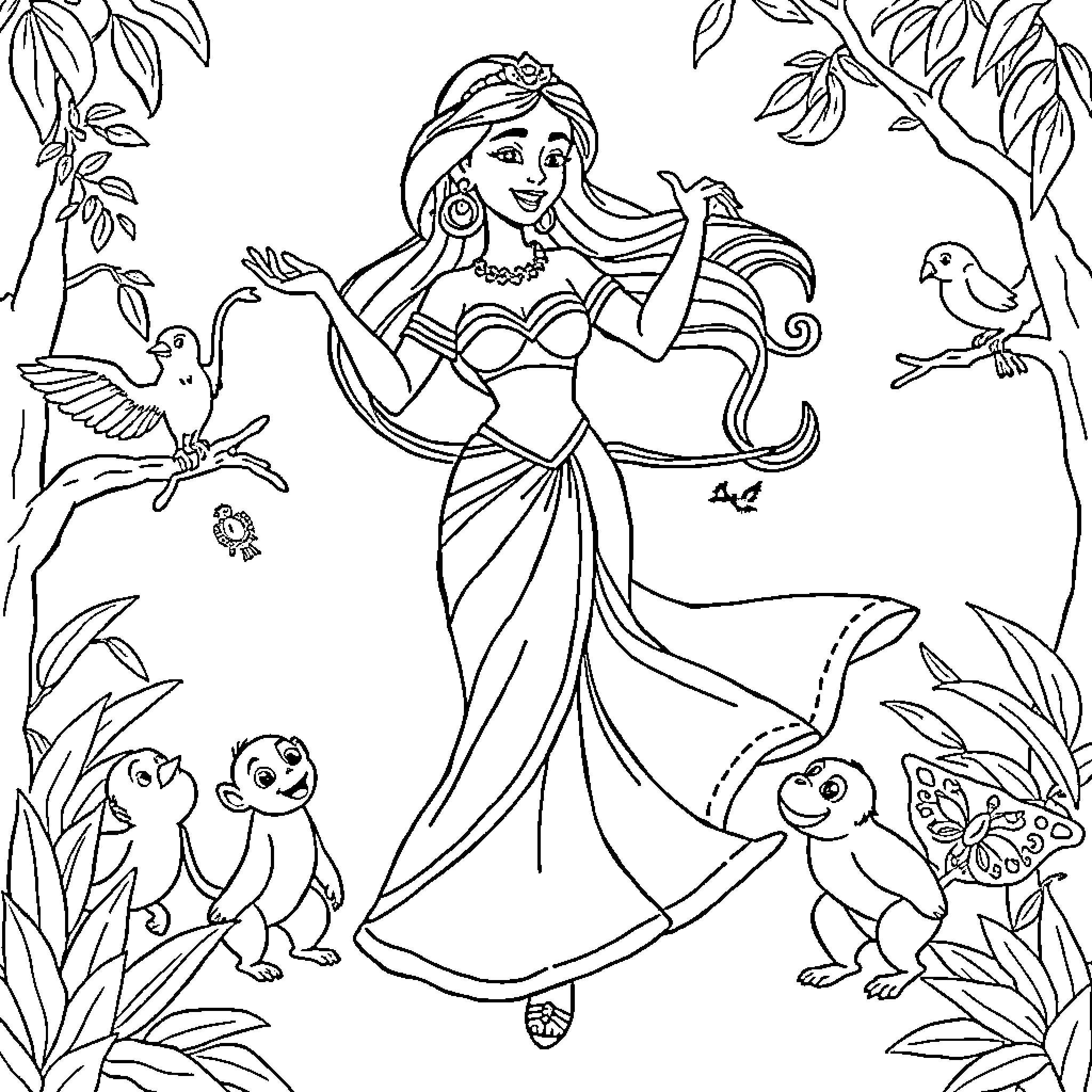 Princess Jasmine interacting with nature and animals Coloring Page (free black-and-white line drawing printable PDF for all, from beginners to advanced learners, including children, teens, adults, and seniors)