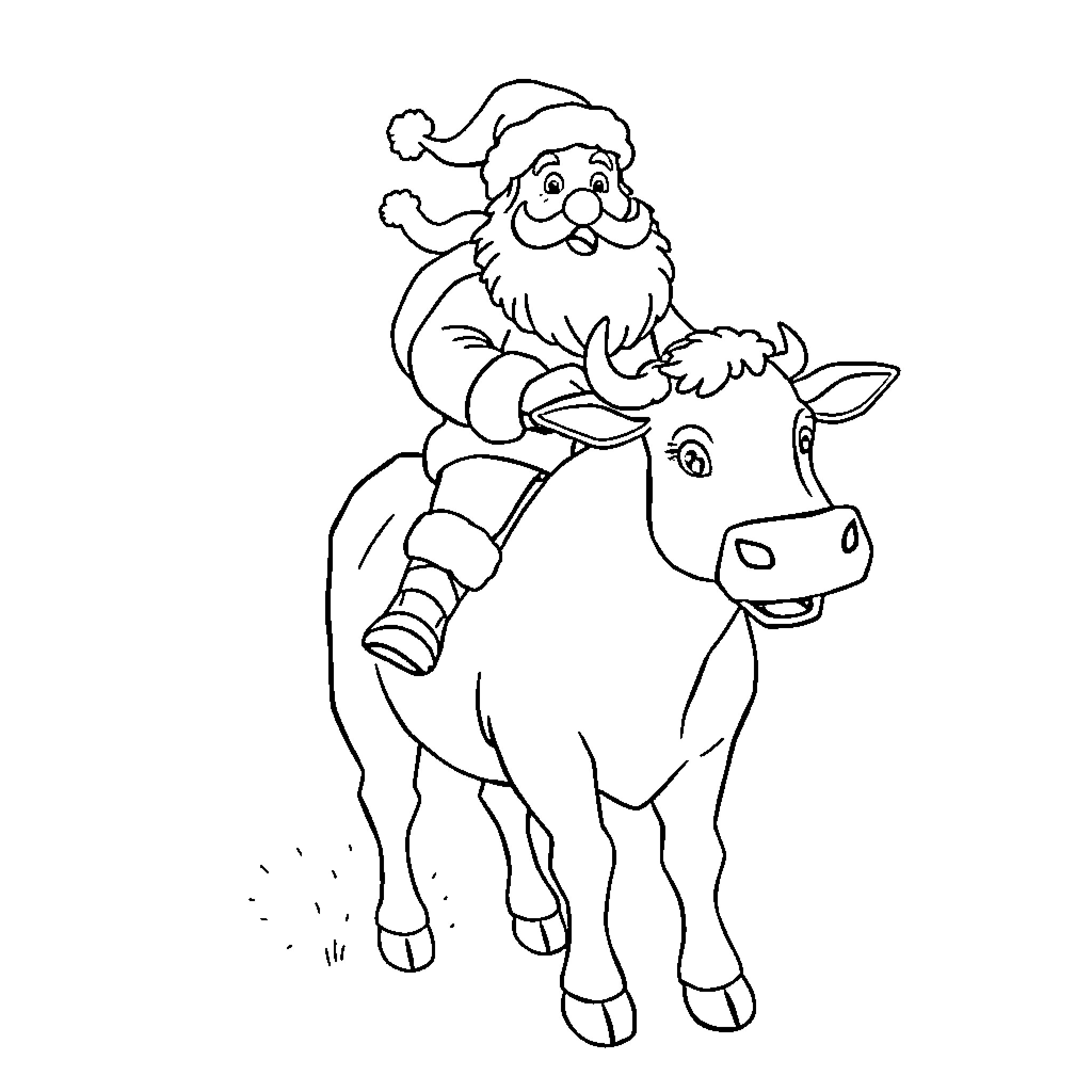 Santa riding a jolly cow Coloring Page (free black-and-white line drawing printable PDF for all, from beginners to advanced learners, including children, teens, adults, and seniors)