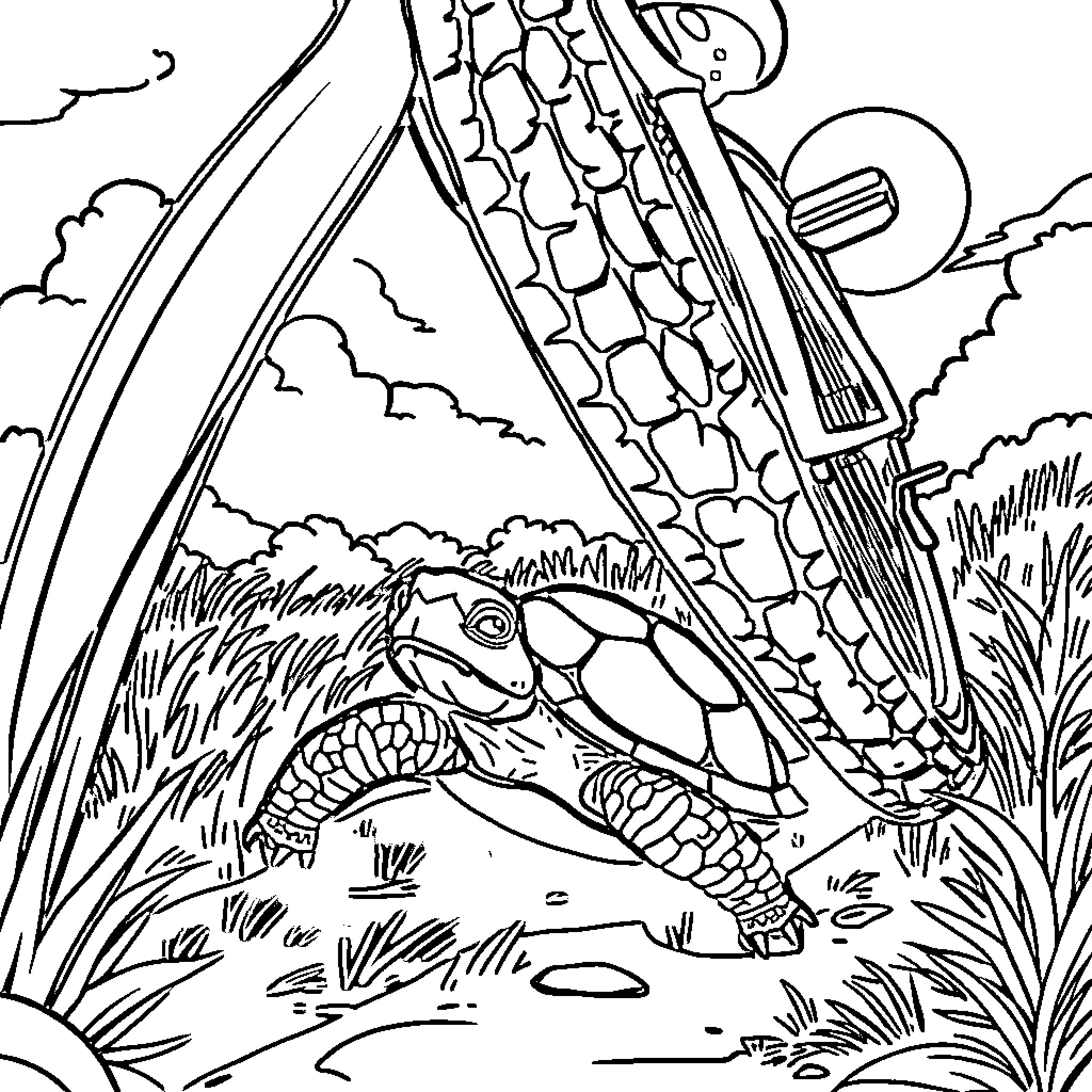 Turtle enjoying the nature scene Coloring Page (free black-and-white line drawing printable PDF for all, from beginners to advanced learners, including children, teens, adults, and seniors)