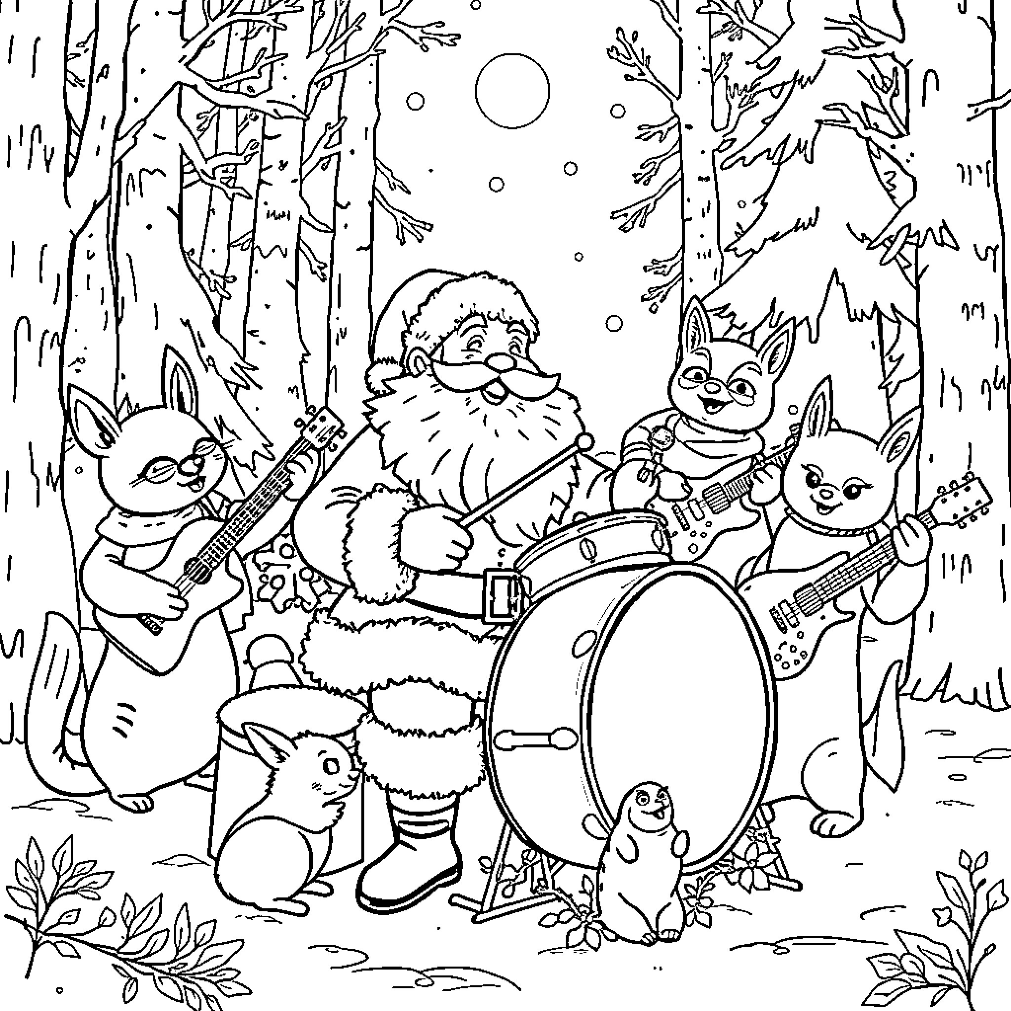 Santa and his animal friends having a musical winter party Coloring Page (free black-and-white line drawing printable PDF for all, from beginners to advanced learners, including children, teens, adults, and seniors)