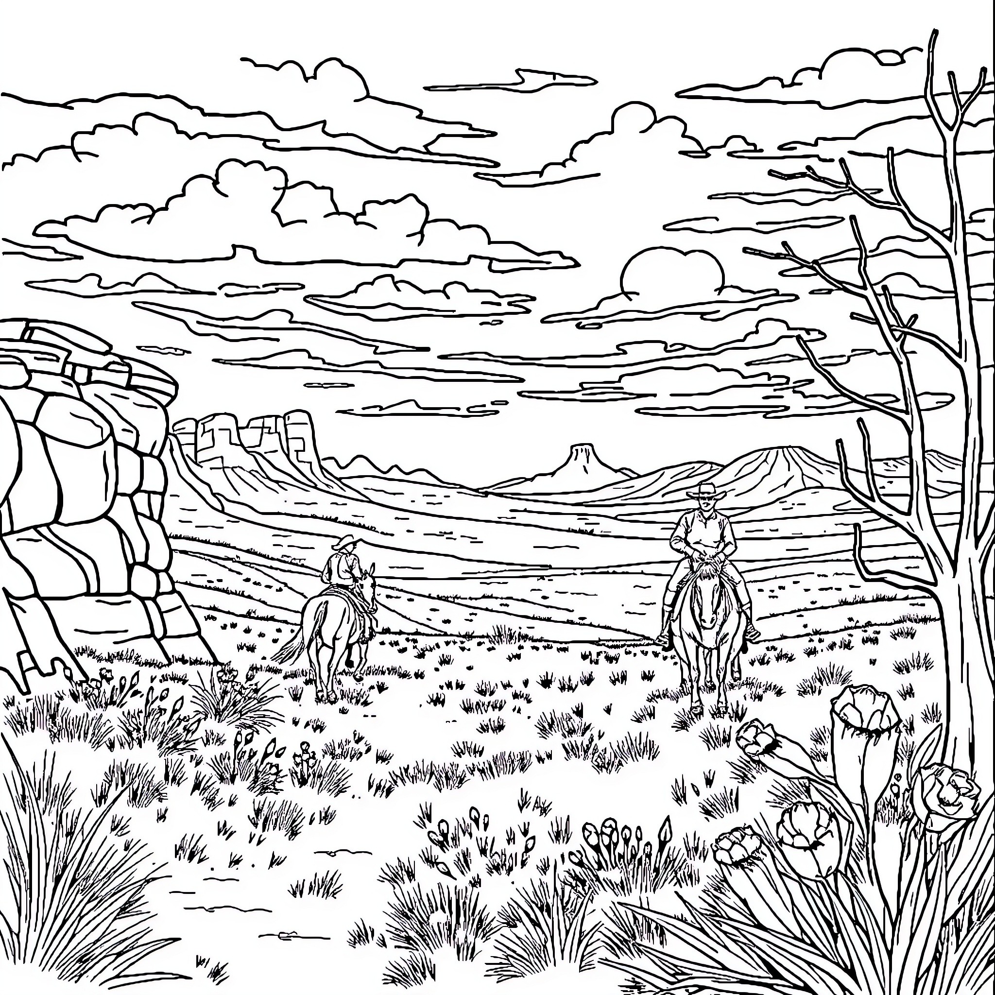 Texas Landscape with Cowpokes and Cattle Coloring Page (free black-and-white line drawing printable PDF for all, from beginners to advanced learners, including children, teens, adults, and seniors)