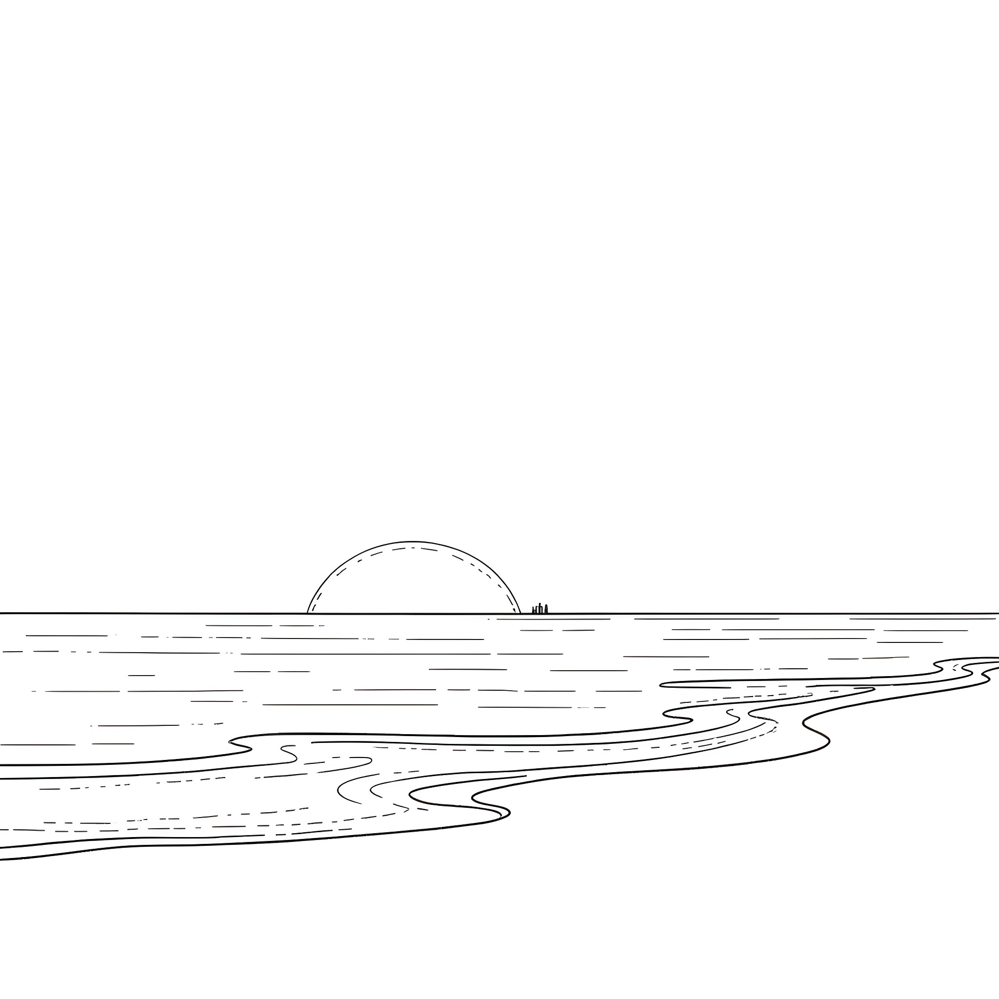 Sunset landscape with serene ocean waves Coloring Page (free black-and-white line drawing printable PDF for all, from beginners to advanced learners, including children, teens, adults, and seniors)