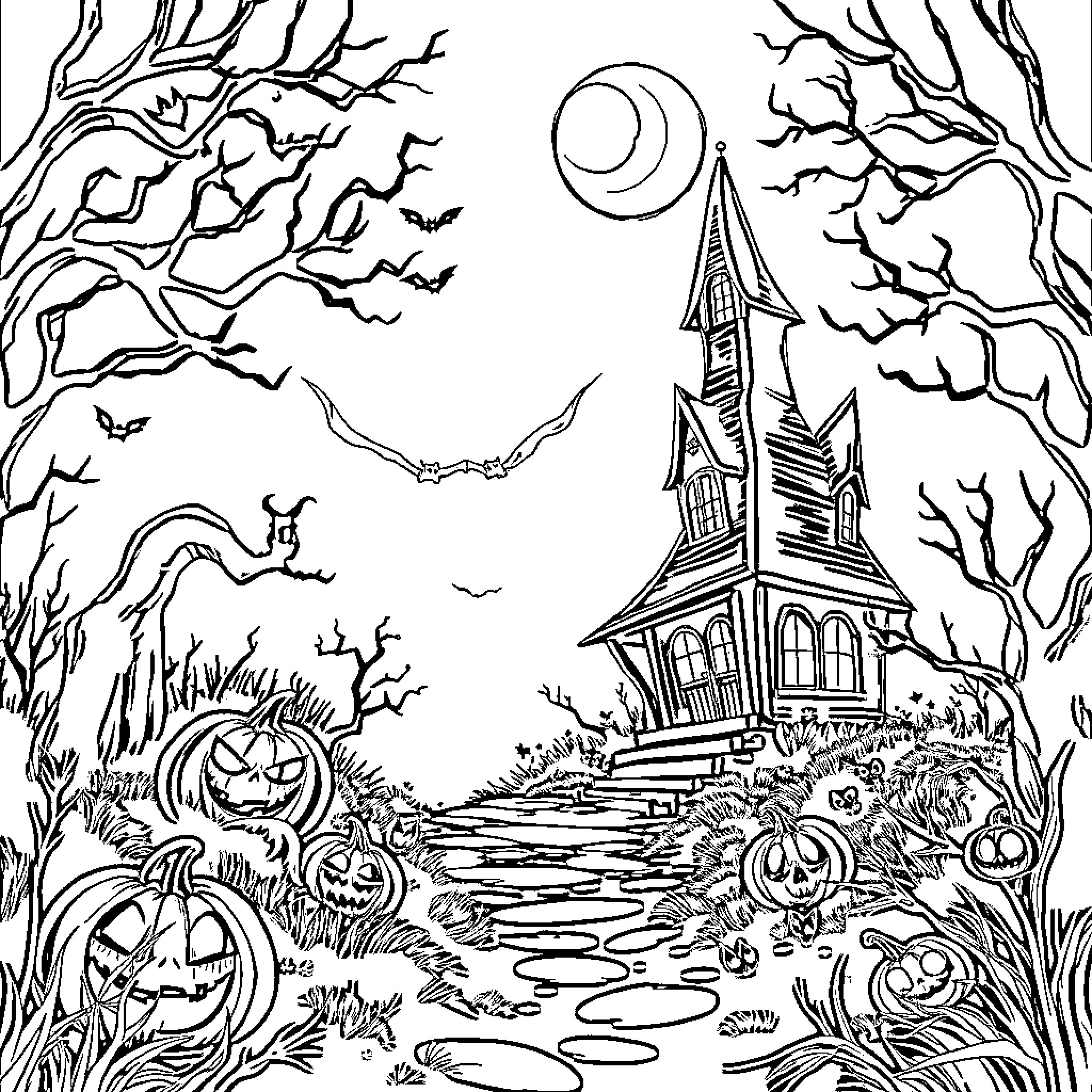 Halloween haunted house and pumpkins in spooky forest Coloring Page (free black-and-white line drawing printable PDF for all, from beginners to advanced learners, including children, teens, adults, and seniors)