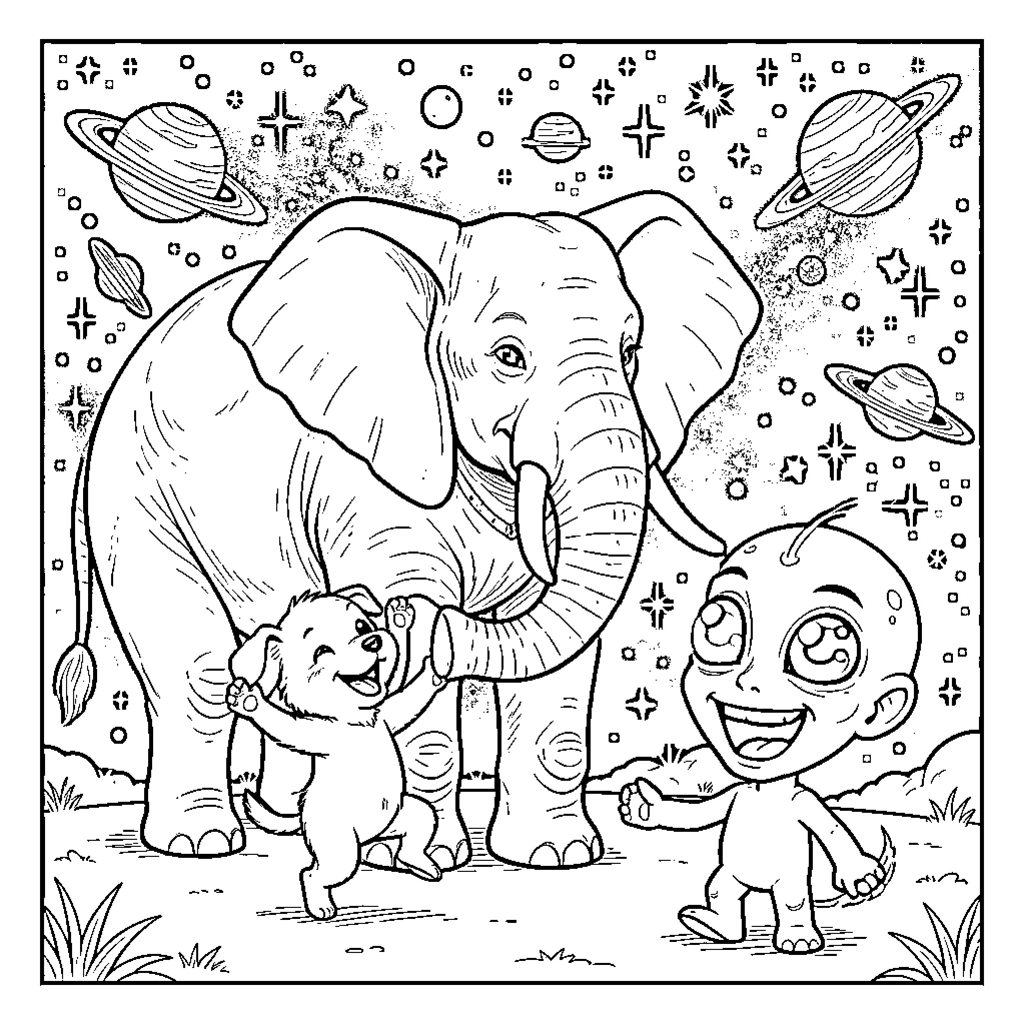 Dog and elephant playing in cosmic space Coloring Page (free black-and-white line drawing printable PDF for all, from beginners to advanced learners, including children, teens, adults, and seniors)
