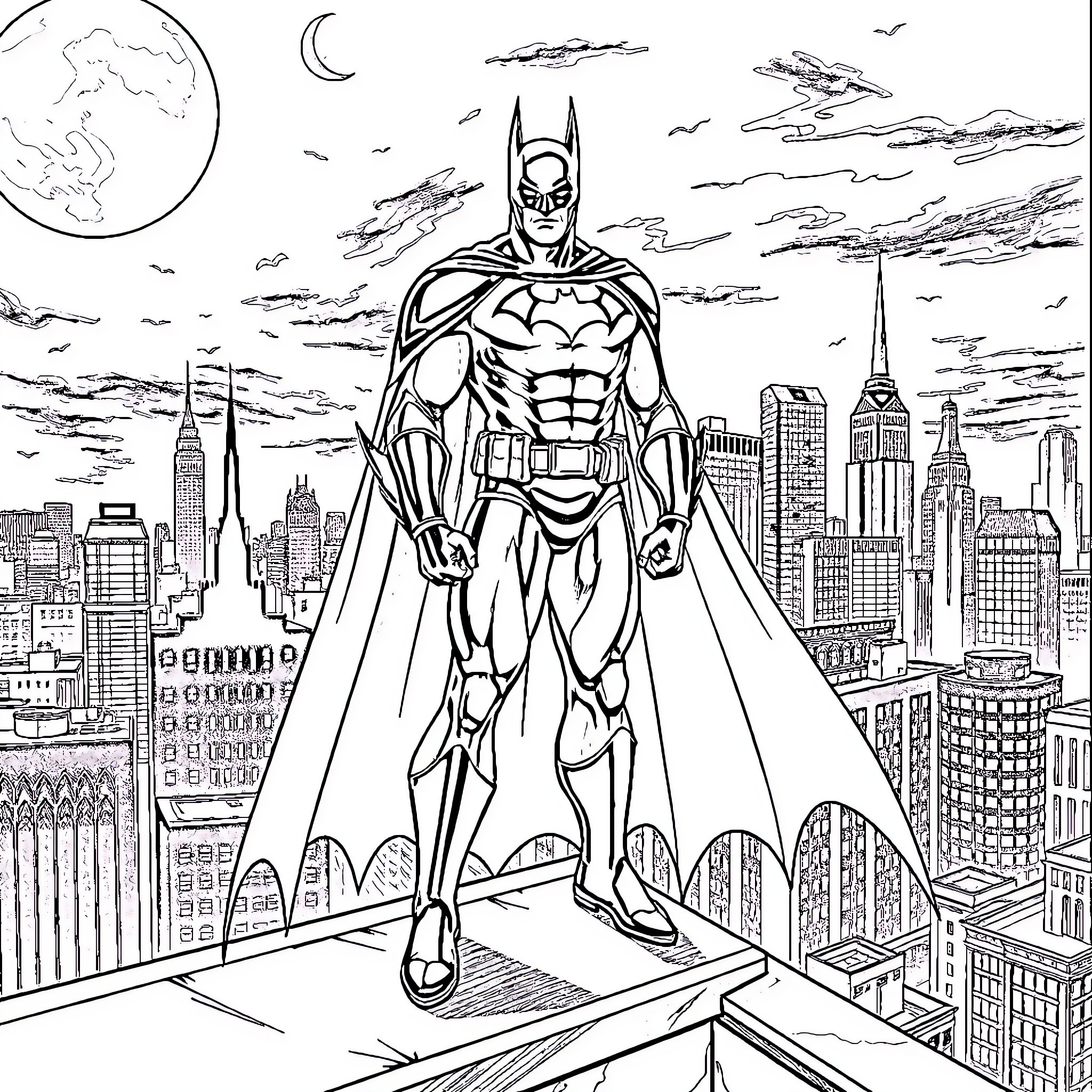 Batman heroically overlooking the city skyline Coloring Page (free black-and-white line drawing printable PDF for all, from beginners to advanced learners, including children, teens, adults, and seniors)