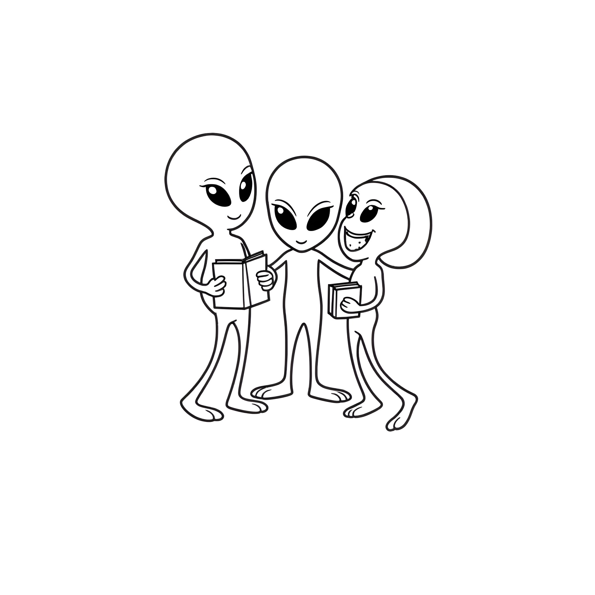 Alien Friends Studying Together Coloring Page (free black-and-white line drawing printable PDF for all, from beginners to advanced learners, including children, teens, adults, and seniors)
