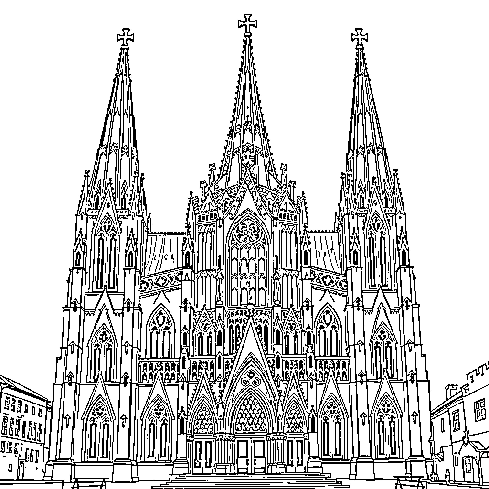 Cathedral of ornate Gothic architecture and spires Coloring Page (free black-and-white line drawing printable PDF for all, from beginners to advanced learners, including children, teens, adults, and seniors)