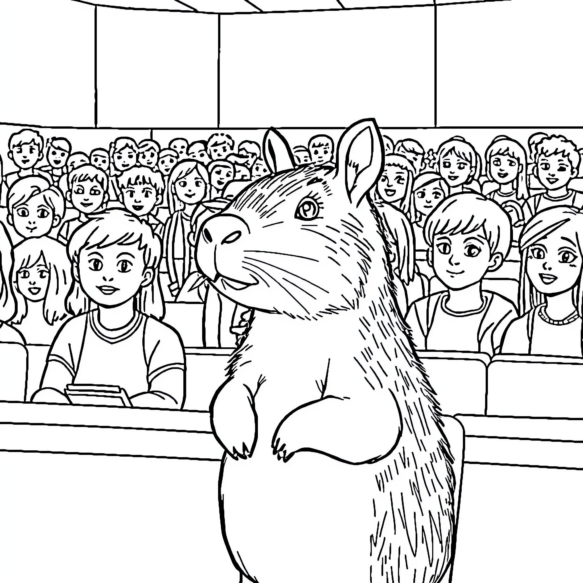 Capybara enjoying a performance in front of a crowd Coloring Page (free black-and-white line drawing printable PDF for all, from beginners to advanced learners, including children, teens, adults, and seniors)