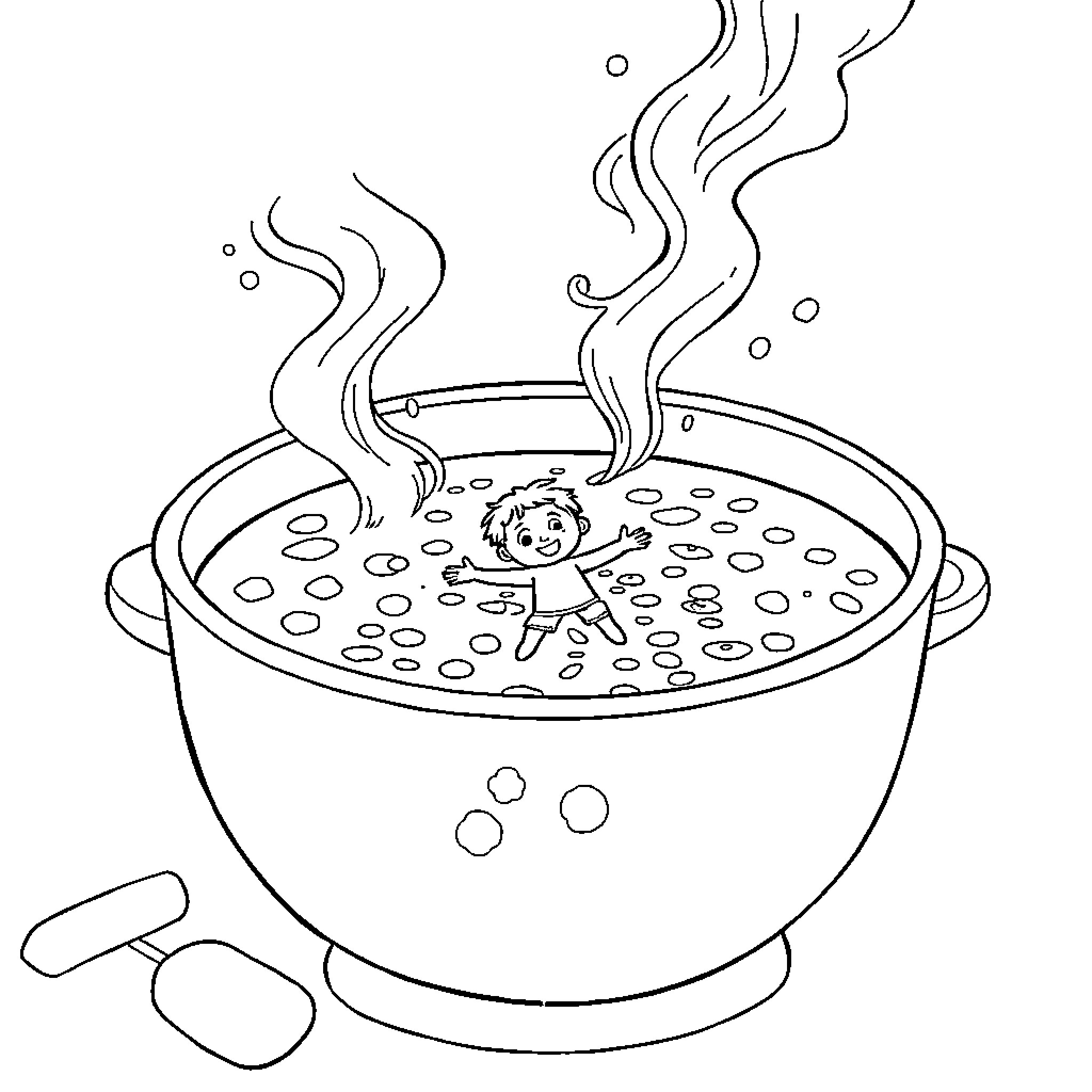 Human child enjoying hot soup in bowl Coloring Page (free black-and-white line drawing printable PDF for all, from beginners to advanced learners, including children, teens, adults, and seniors)