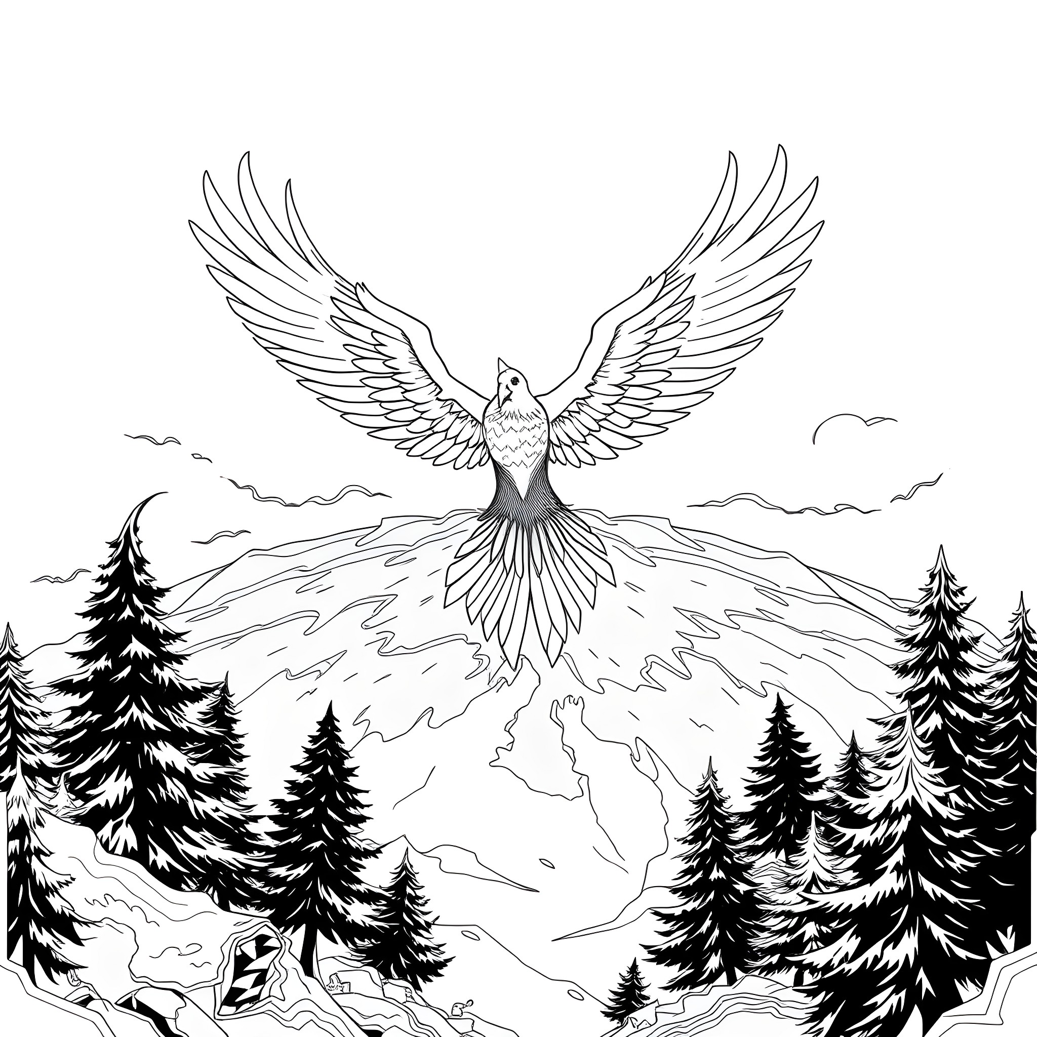 Thunderbird rising from the forest Coloring Page (free black-and-white line drawing printable PDF for all, from beginners to advanced learners, including children, teens, adults, and seniors)