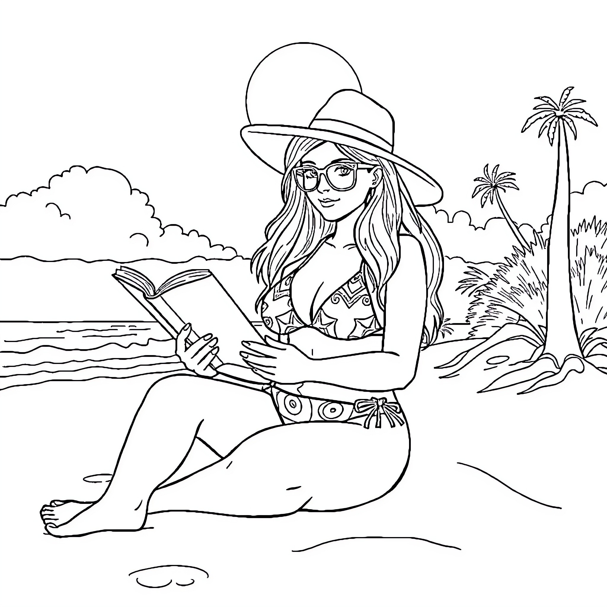 Girl reading a book on the beach Coloring Page (free black-and-white line drawing printable PDF for all, from beginners to advanced learners, including children, teens, adults, and seniors)
