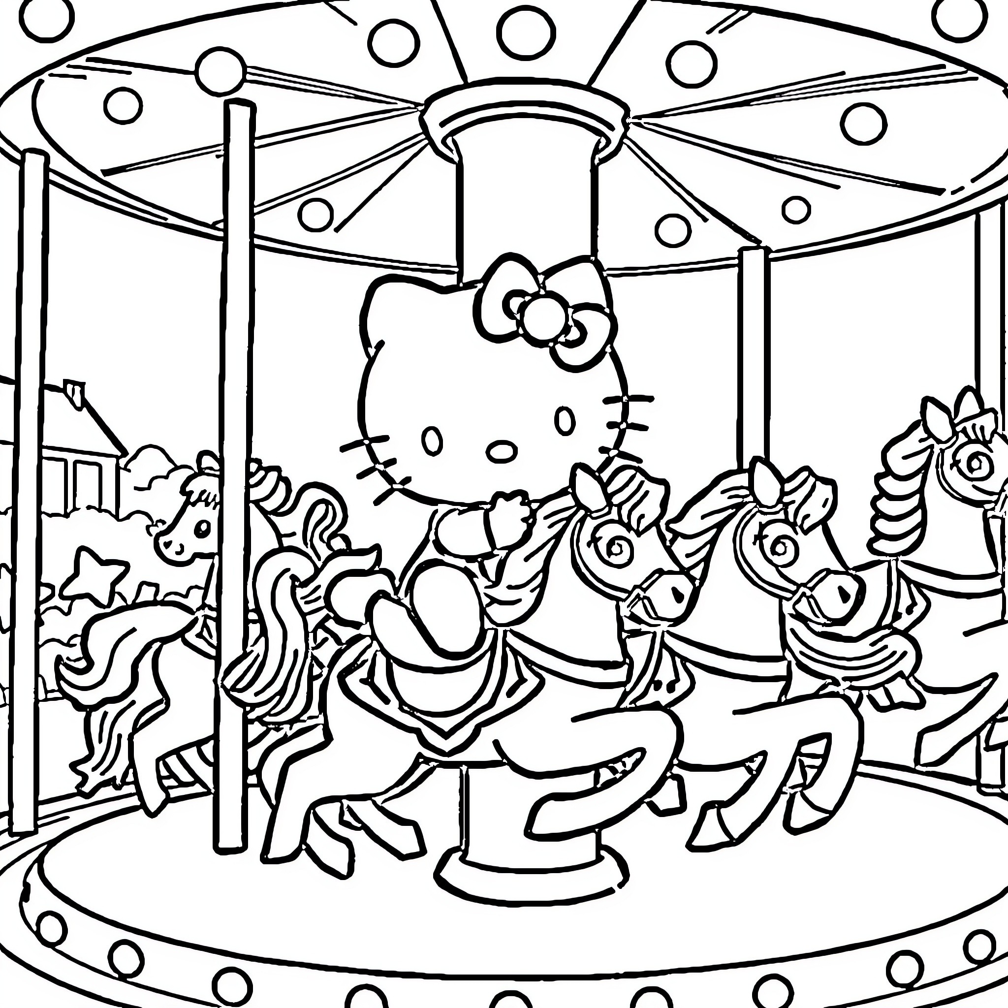 Hello Kitty riding a carousel with cute animals Coloring Page (free black-and-white line drawing printable PDF for all, from beginners to advanced learners, including children, teens, adults, and seniors)