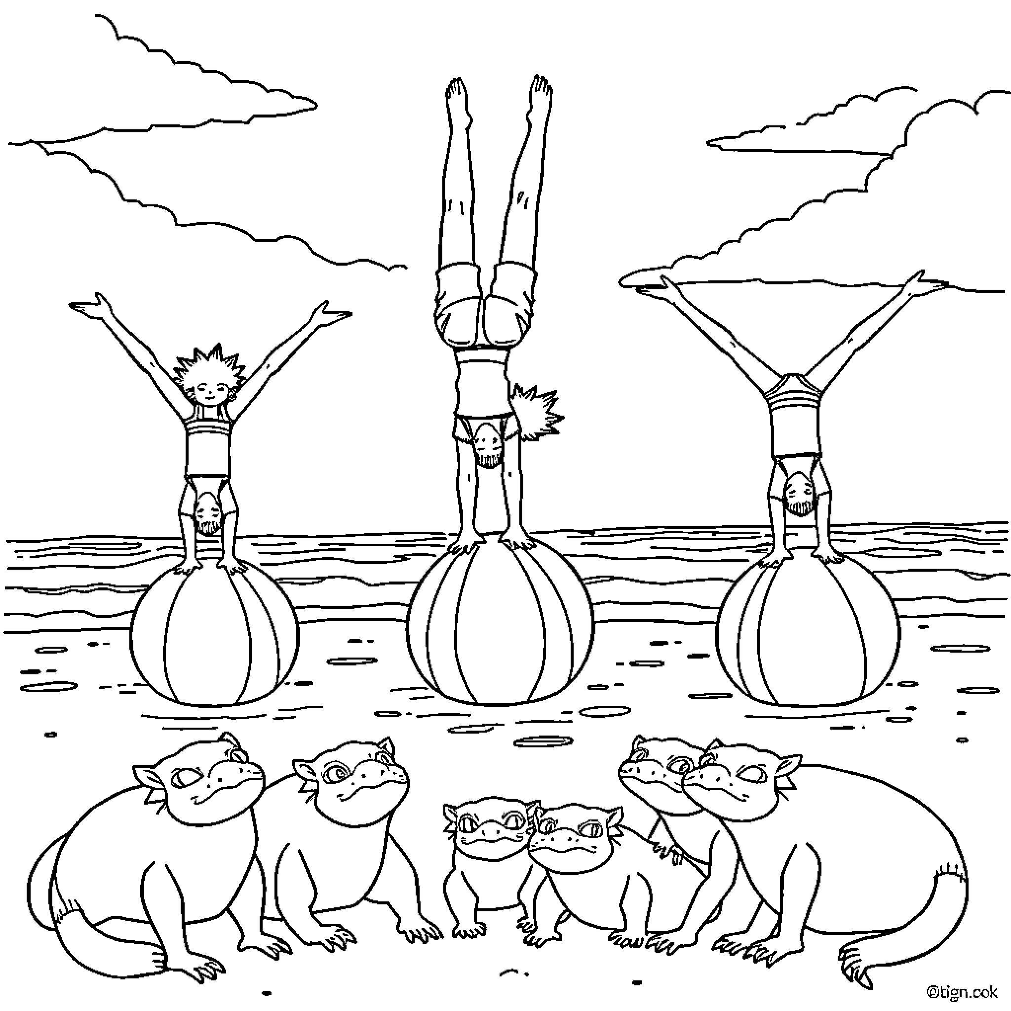 Person performing acrobatic poses on beach with frogs Coloring Page (free black-and-white line drawing printable PDF for all, from beginners to advanced learners, including children, teens, adults, and seniors)