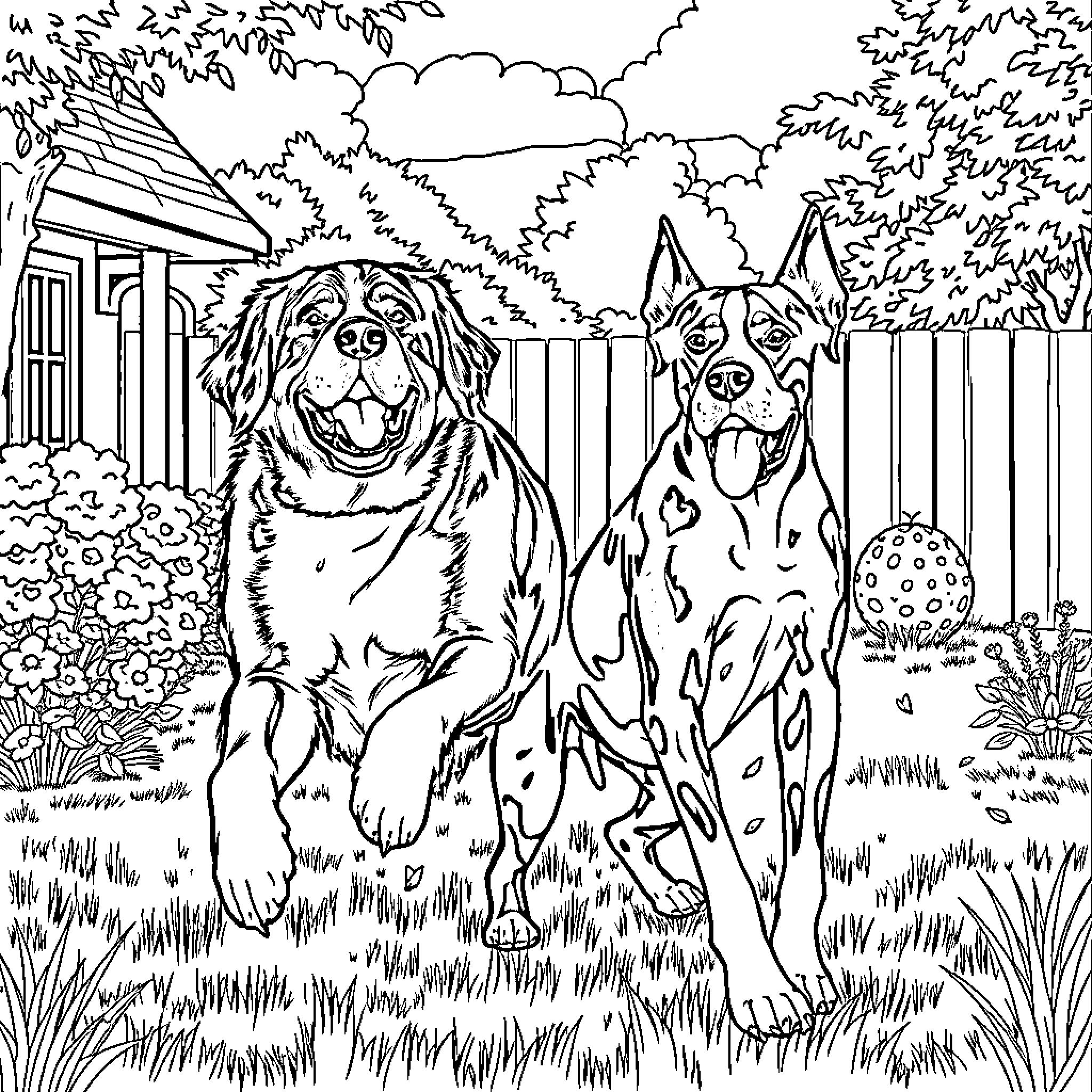 Dogs playing happily in the backyard Coloring Page (free black-and-white line drawing printable PDF for all, from beginners to advanced learners, including children, teens, adults, and seniors)