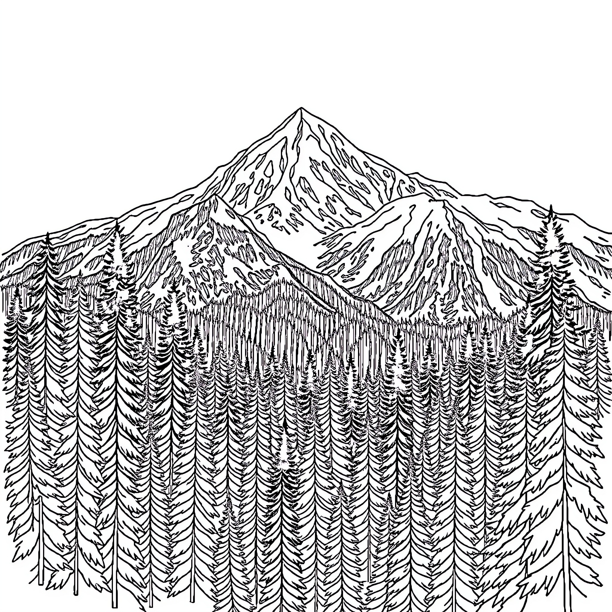 Mountain Landscape with Snowy Peak Coloring Page (free black-and-white line drawing printable PDF for all, from beginners to advanced learners, including children, teens, adults, and seniors)