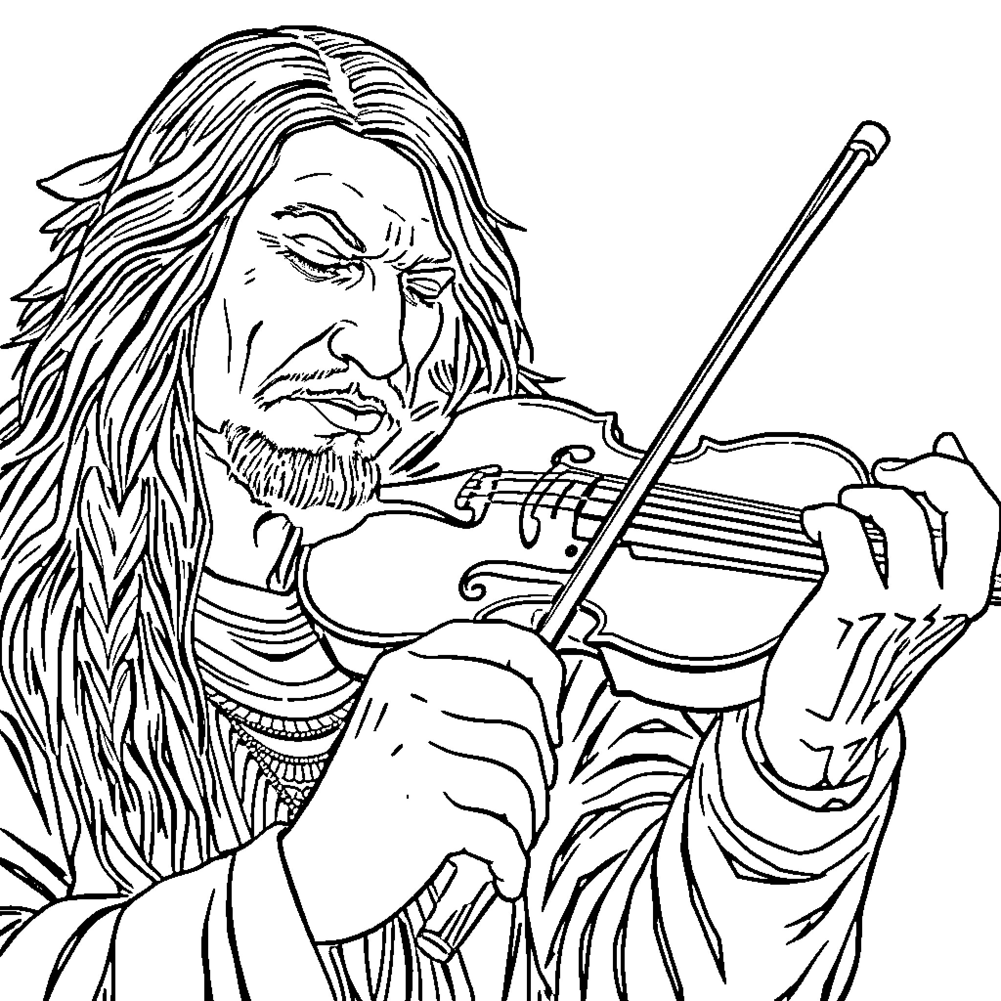 Native American Man Playing the Violin Coloring Page (free black-and-white line drawing printable PDF for all, from beginners to advanced learners, including children, teens, adults, and seniors)