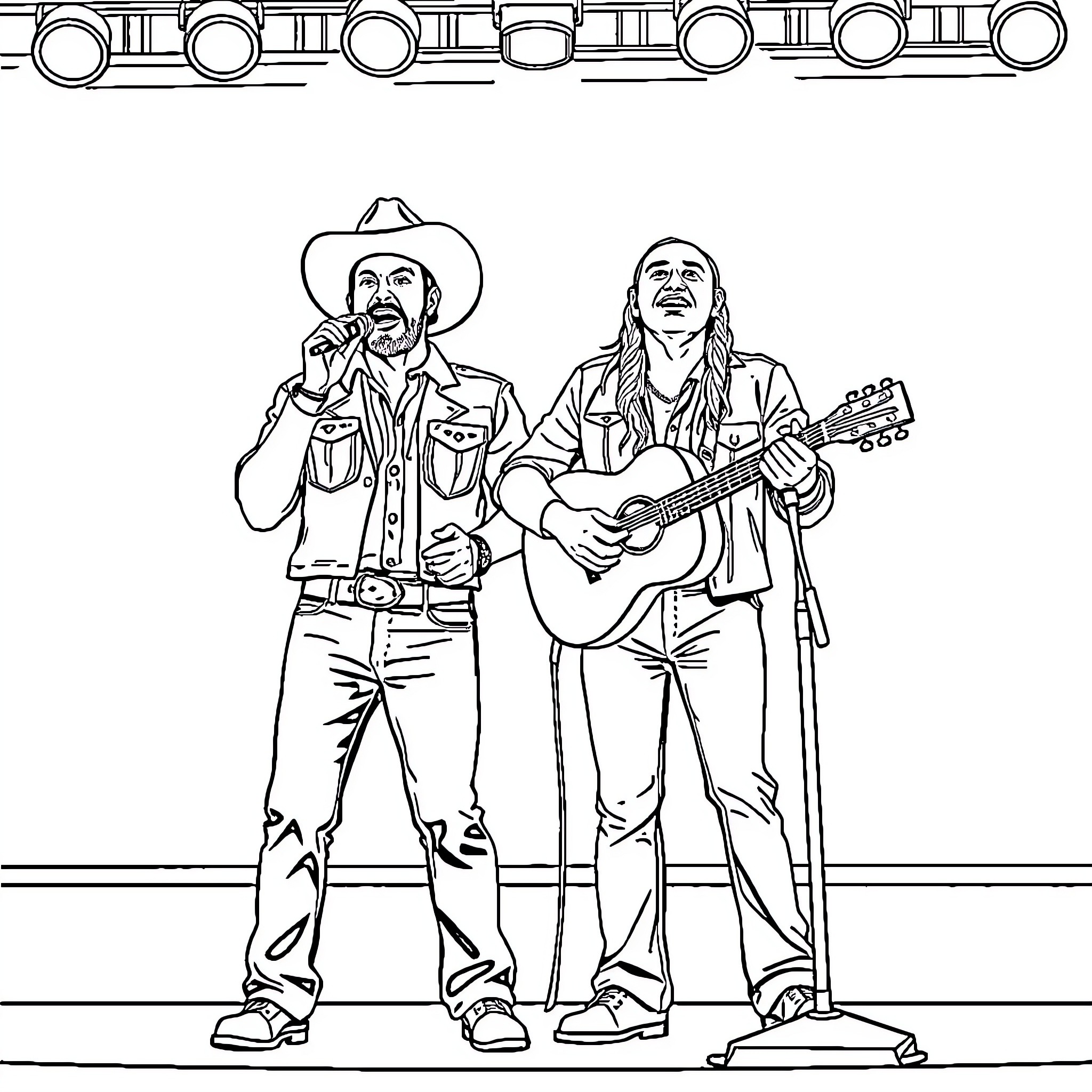John Wayne-inspired cowboys performing on stage Coloring Page (free black-and-white line drawing printable PDF for all, from beginners to advanced learners, including children, teens, adults, and seniors)