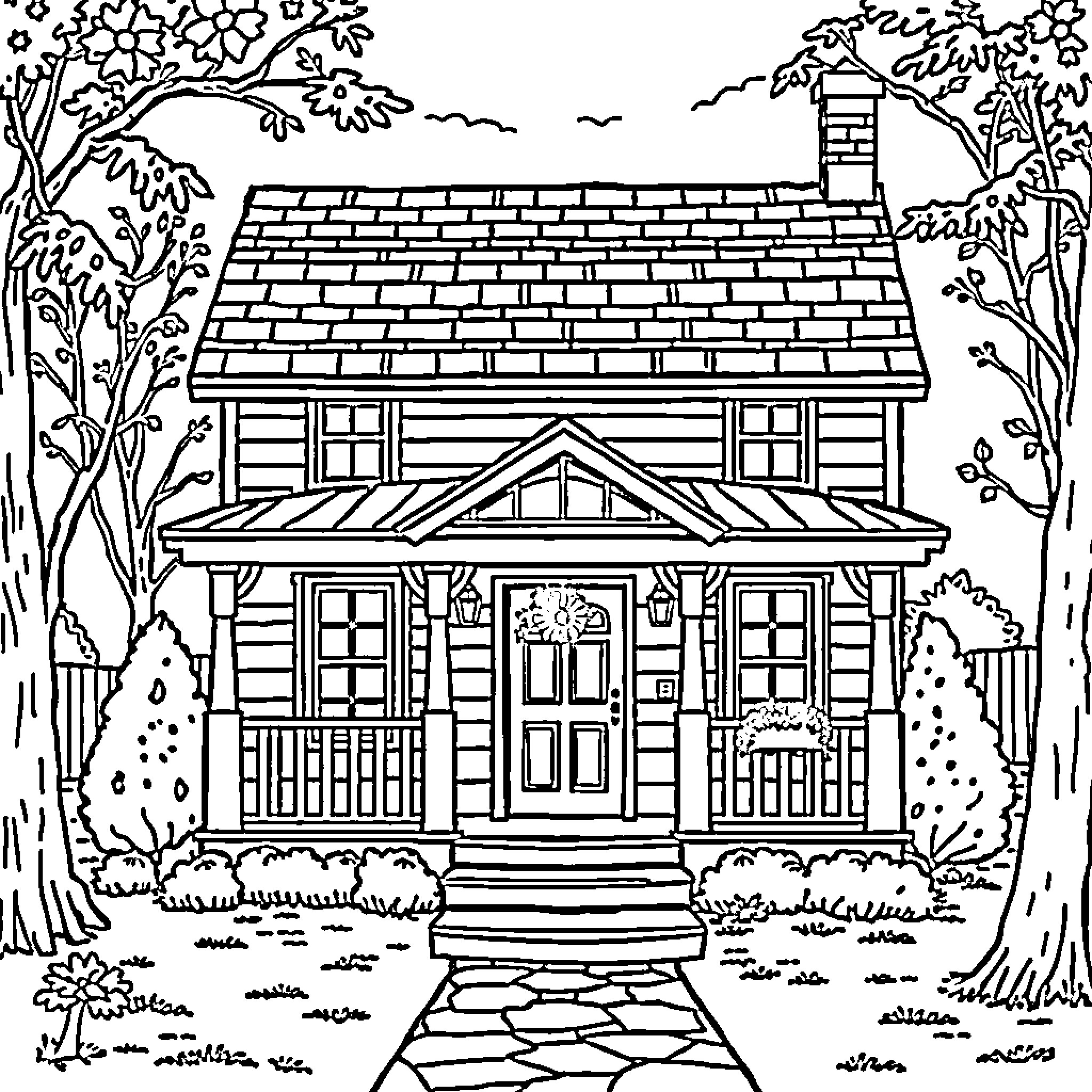 House in a Forested Landscape Coloring Page (free black-and-white line drawing printable PDF for all, from beginners to advanced learners, including children, teens, adults, and seniors)