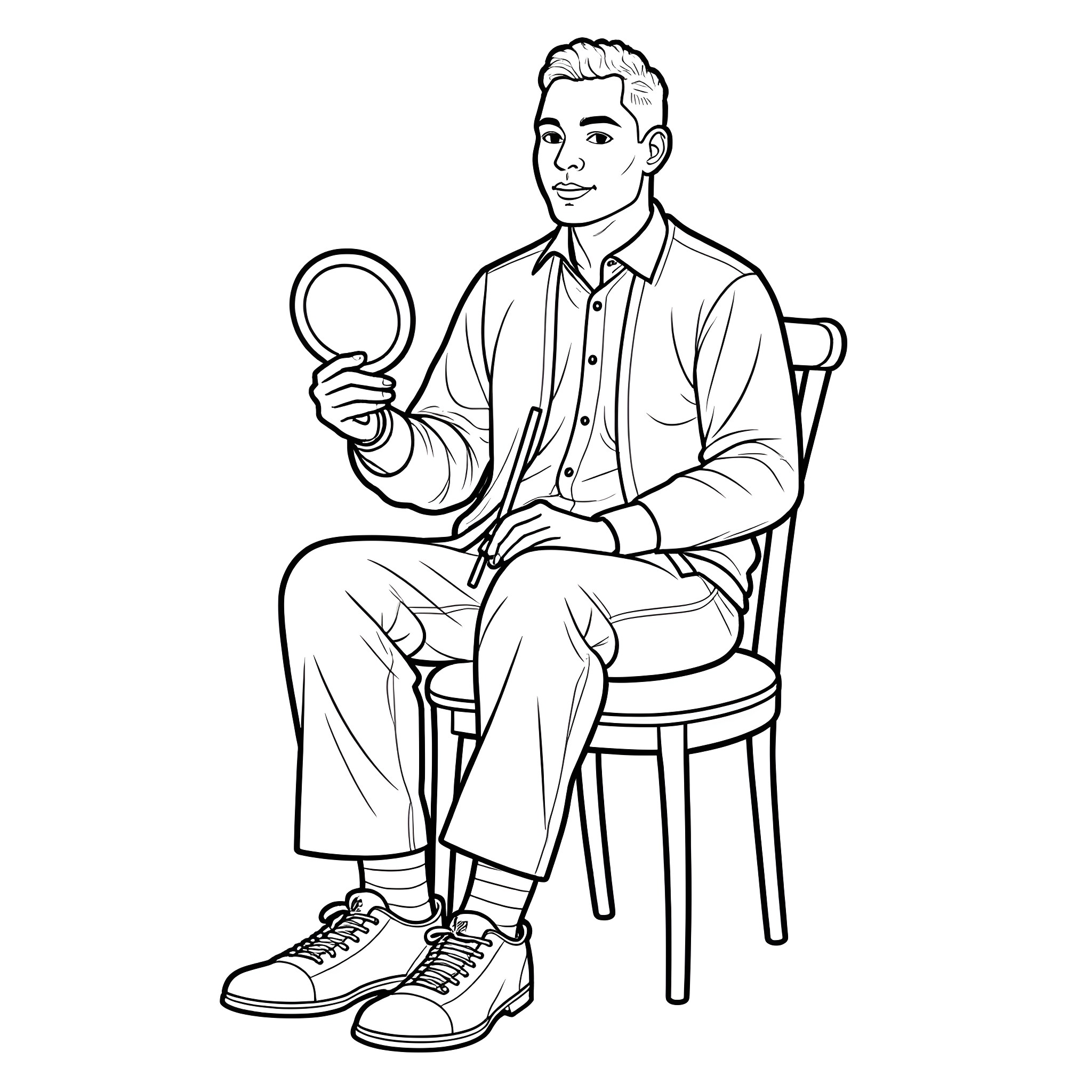 Lawrence Taylor examining himself in a hand mirror Coloring Page (free black-and-white line drawing printable PDF for all, from beginners to advanced learners, including children, teens, adults, and seniors)