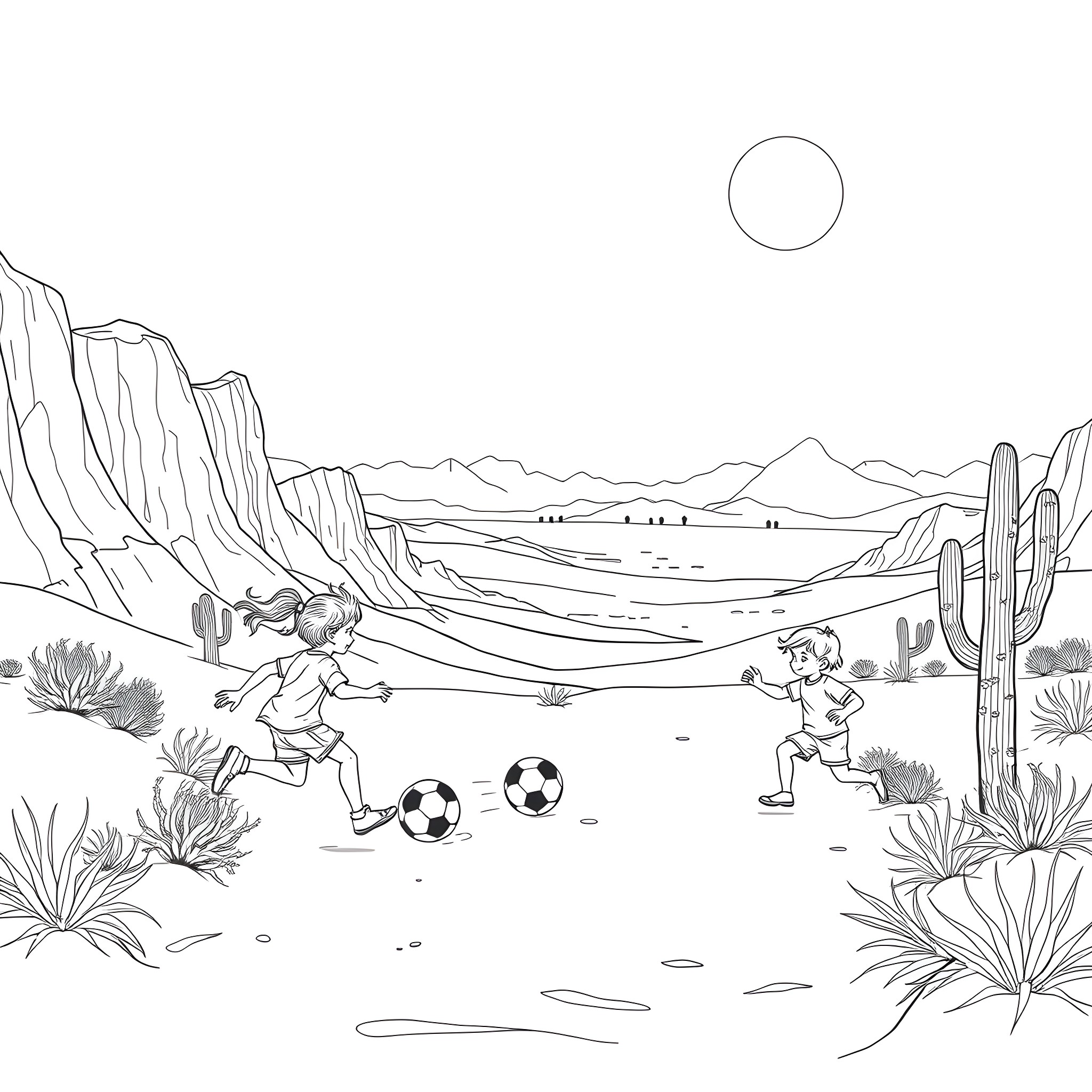 Soccer match in the desert landscape Coloring Page (free black-and-white line drawing printable PDF for all, from beginners to advanced learners, including children, teens, adults, and seniors)