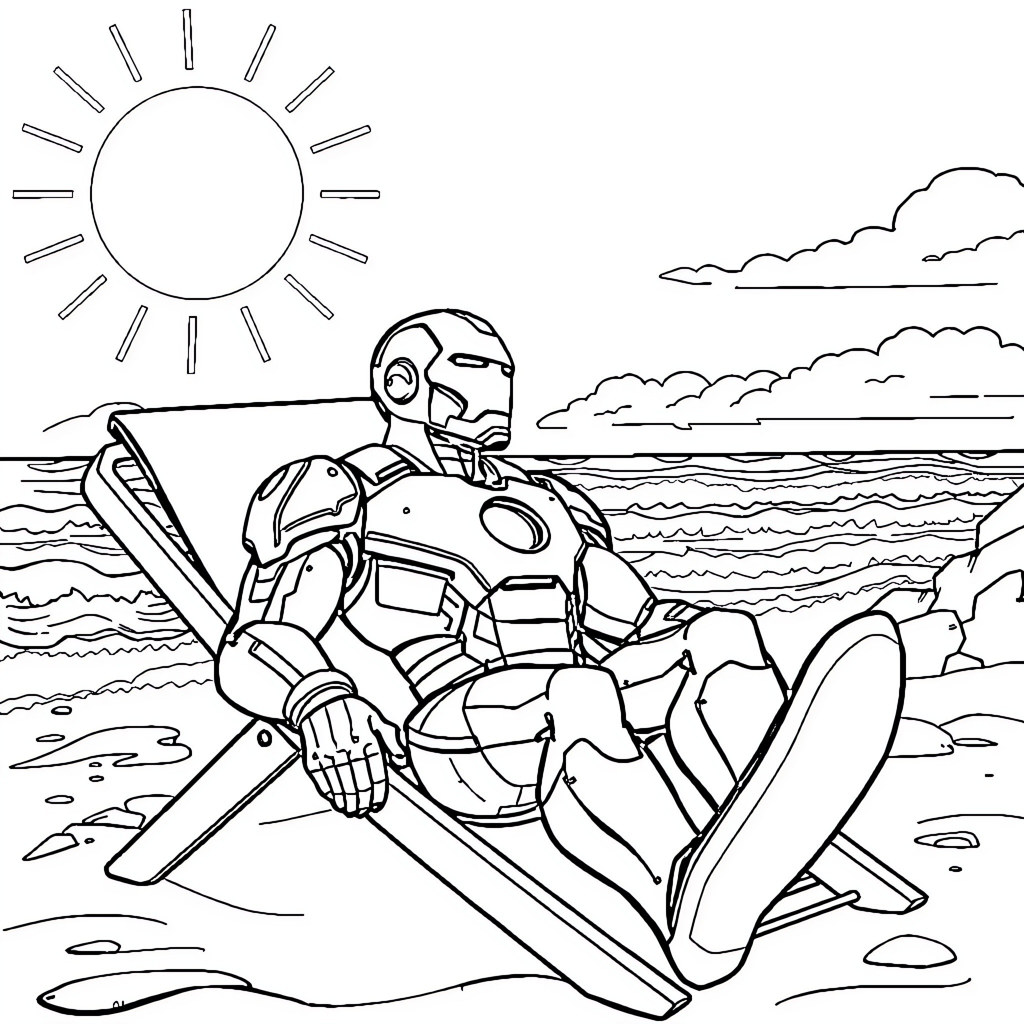Iron Man relaxing on the beach Coloring Page (free black-and-white line drawing printable PDF for all, from beginners to advanced learners, including children, teens, adults, and seniors)