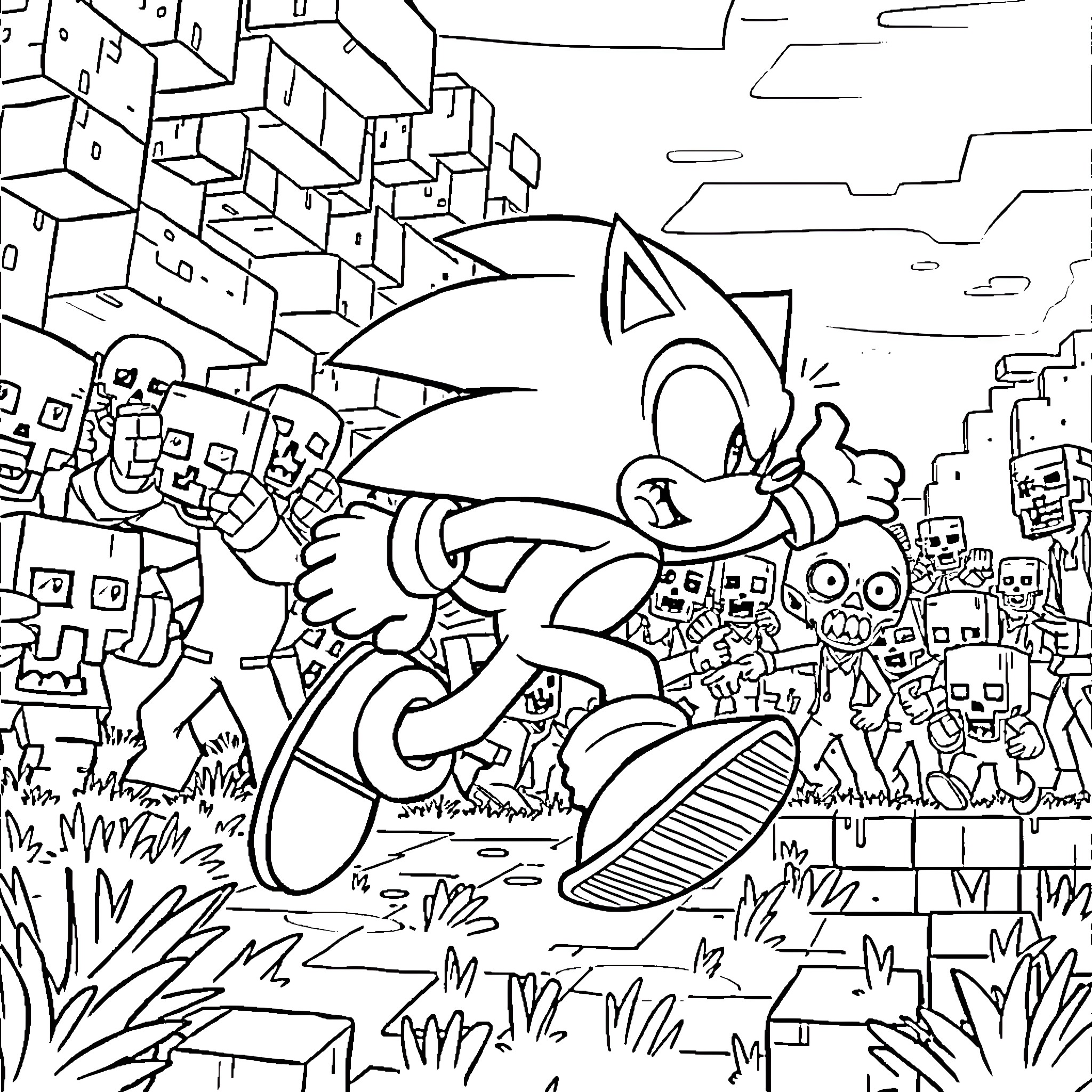 Sonic's Exciting Adventure in the City Coloring Page (free black-and-white line drawing printable PDF for all, from beginners to advanced learners, including children, teens, adults, and seniors)