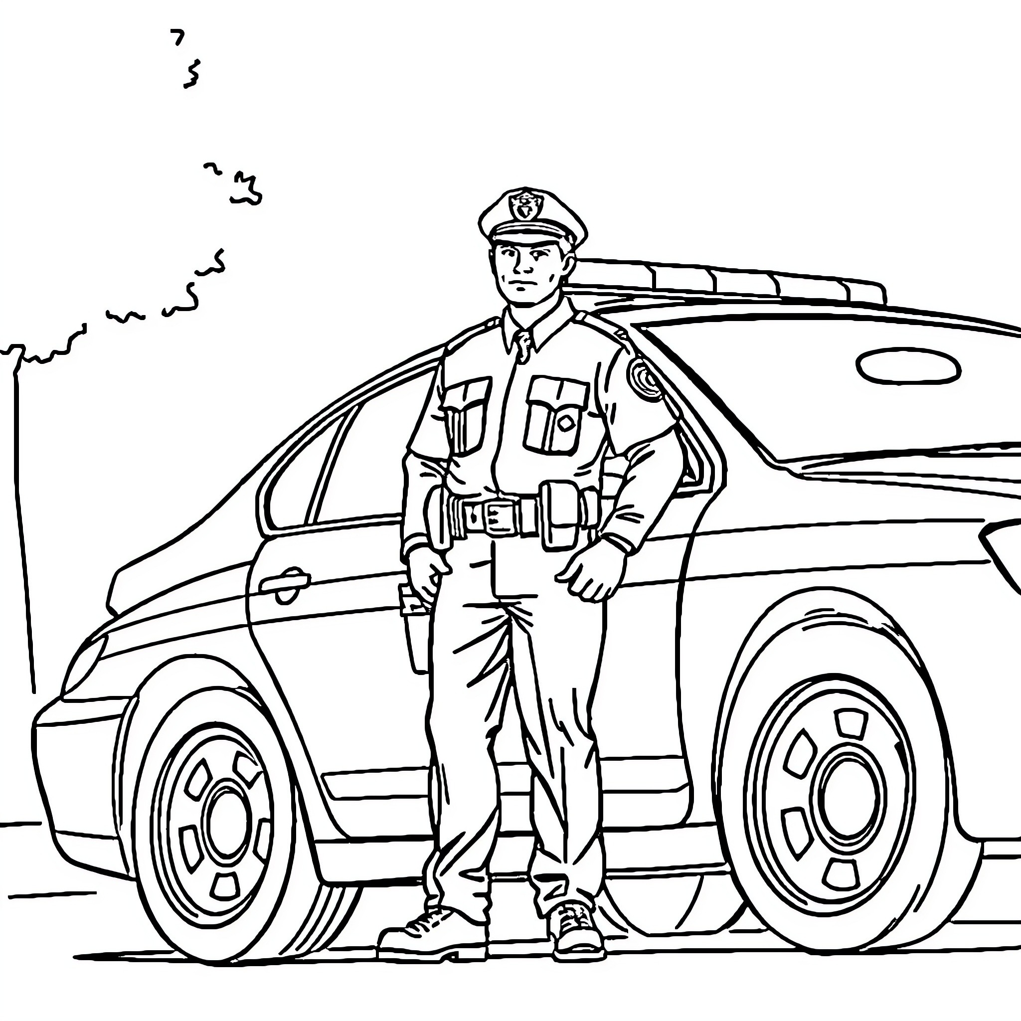Police Officer Stands Vigilantly by Patrol Car Coloring Page (free black-and-white line drawing printable PDF for all, from beginners to advanced learners, including children, teens, adults, and seniors)
