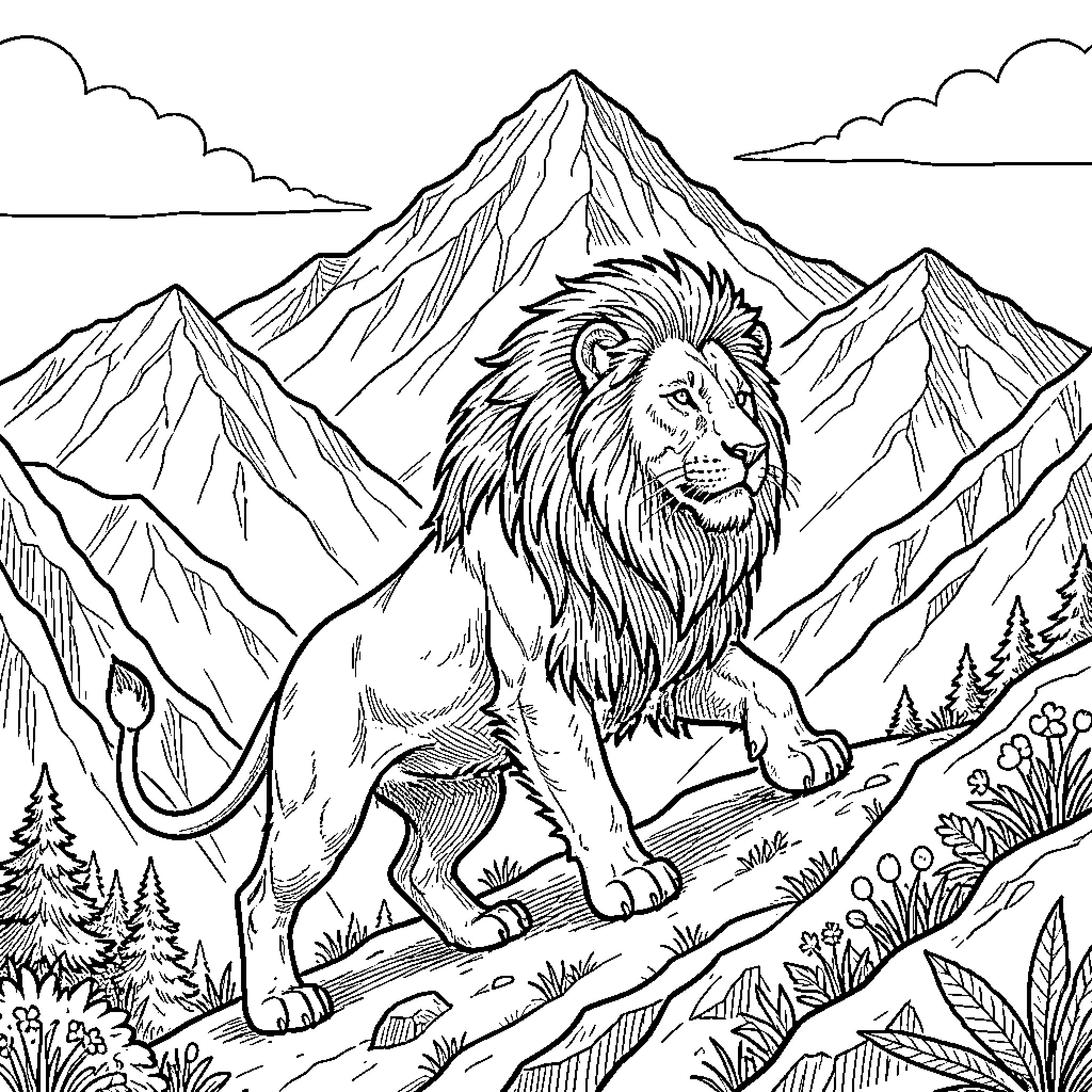 Lion standing tall on mountain landscape Coloring Page (free black-and-white line drawing printable PDF for all, from beginners to advanced learners, including children, teens, adults, and seniors)