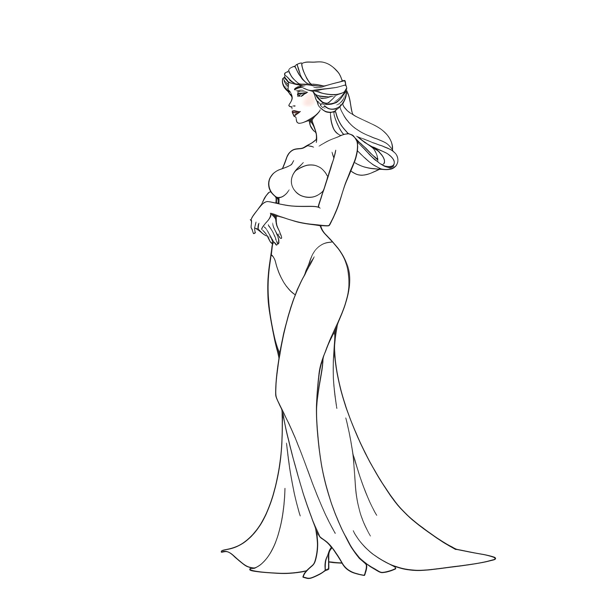 Woman in glamorous evening gown Coloring Page (free black-and-white line drawing printable PDF for all, from beginners to advanced learners, including children, teens, adults, and seniors)
