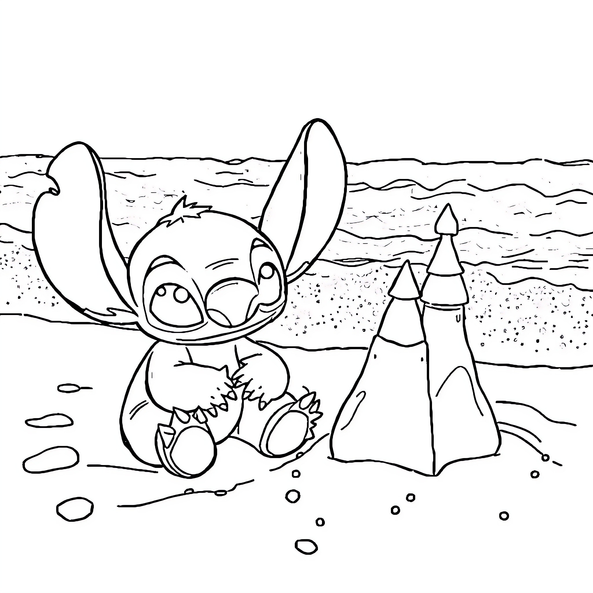 Stitch building sandcastles on the beach Coloring Page (free black-and-white line drawing printable PDF for all, from beginners to advanced learners, including children, teens, adults, and seniors)