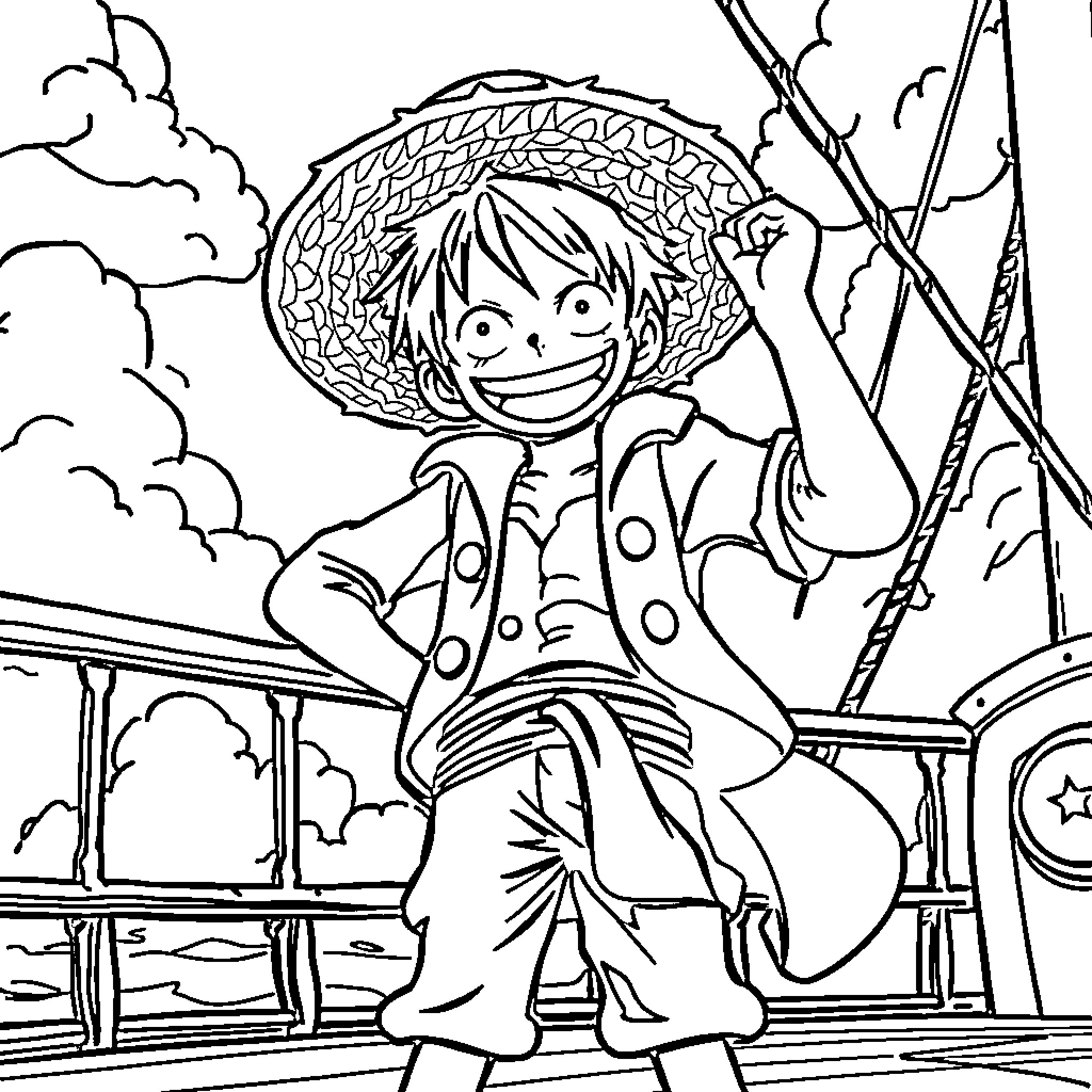Luffy's Joyful Adventure on the High Seas Coloring Page (free black-and-white line drawing printable PDF for all, from beginners to advanced learners, including children, teens, adults, and seniors)