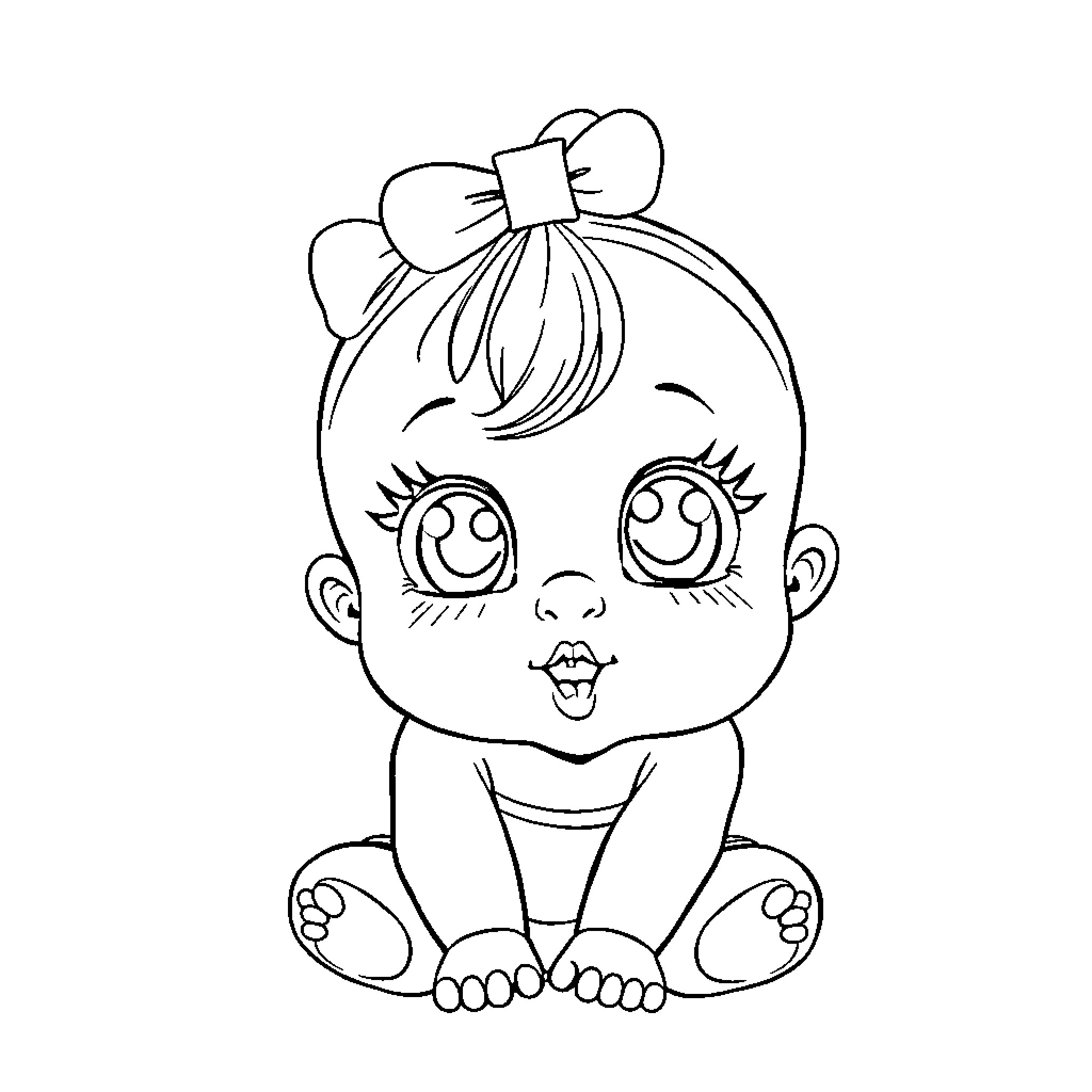 Baby Girl in Whimsical Outfit Coloring Page (free black-and-white line drawing printable PDF for all, from beginners to advanced learners, including children, teens, adults, and seniors)