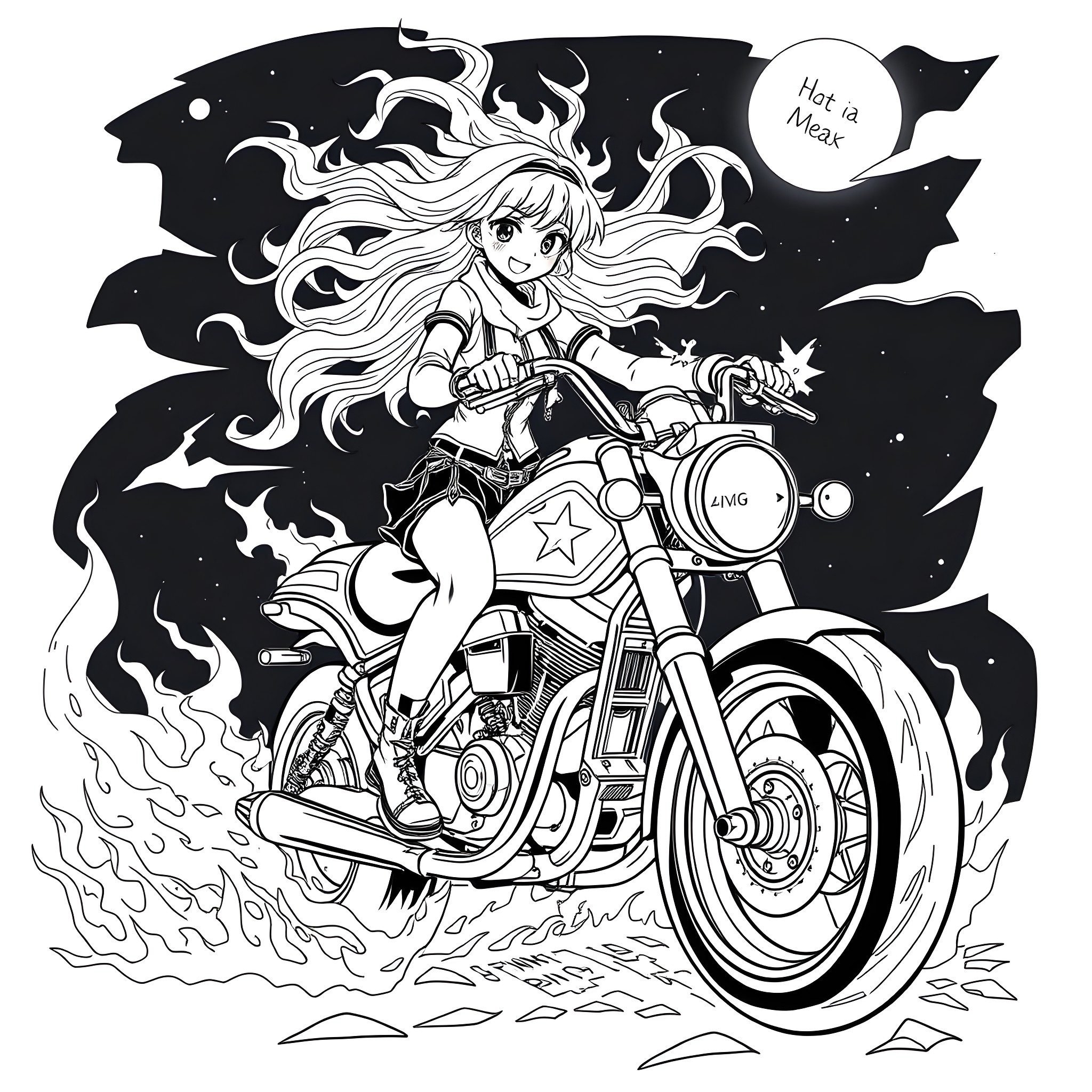 Anime Girl Riding a Motorcycle in the Night Sky Coloring Page (free black-and-white line drawing printable PDF for all, from beginners to advanced learners, including children, teens, adults, and seniors)