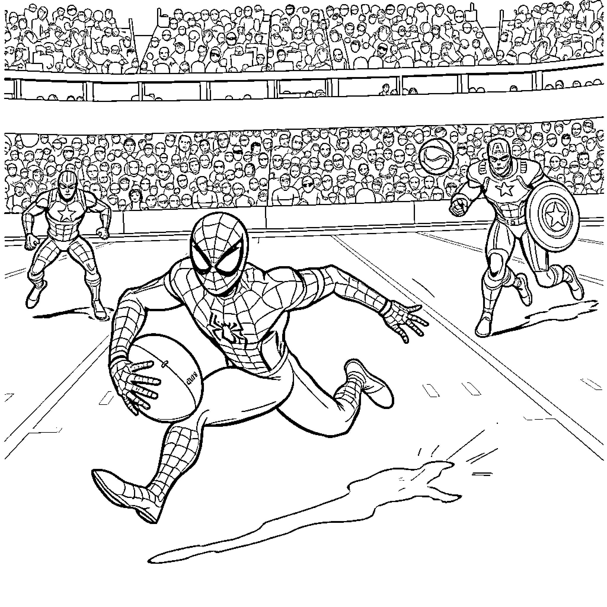 Spiderman battles superheroes in a crowded stadium Coloring Page (free black-and-white line drawing printable PDF for all, from beginners to advanced learners, including children, teens, adults, and seniors)