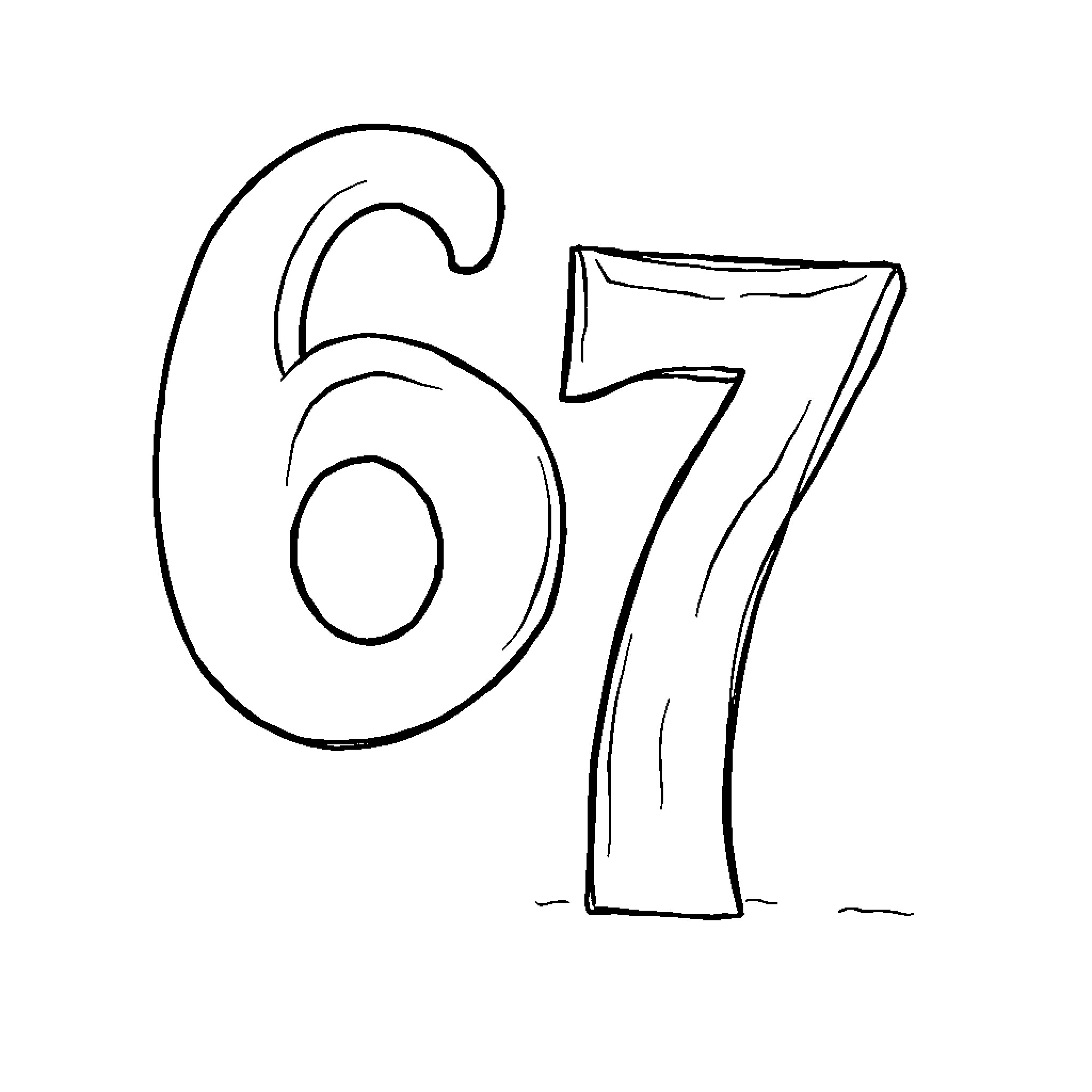 Number 67 illustrated with simple strokes Coloring Page (free black-and-white line drawing printable PDF for all, from beginners to advanced learners, including children, teens, adults, and seniors)