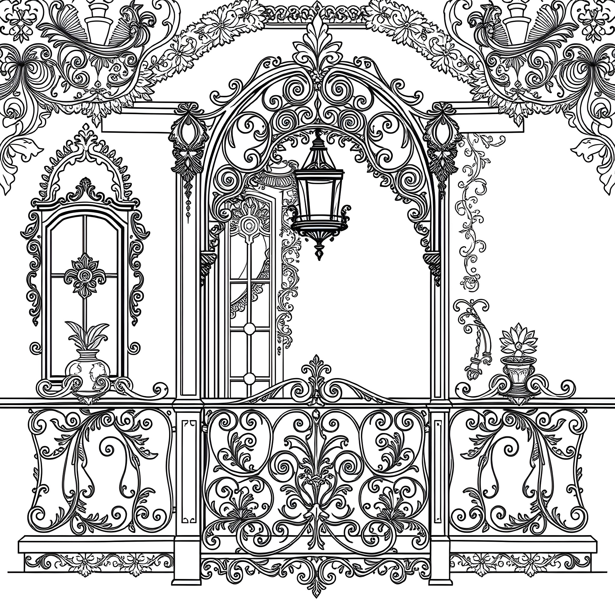 Victorian Ornate Architectural Arches and Railings Coloring Page (free black-and-white line drawing printable PDF for all, from beginners to advanced learners, including children, teens, adults, and seniors)