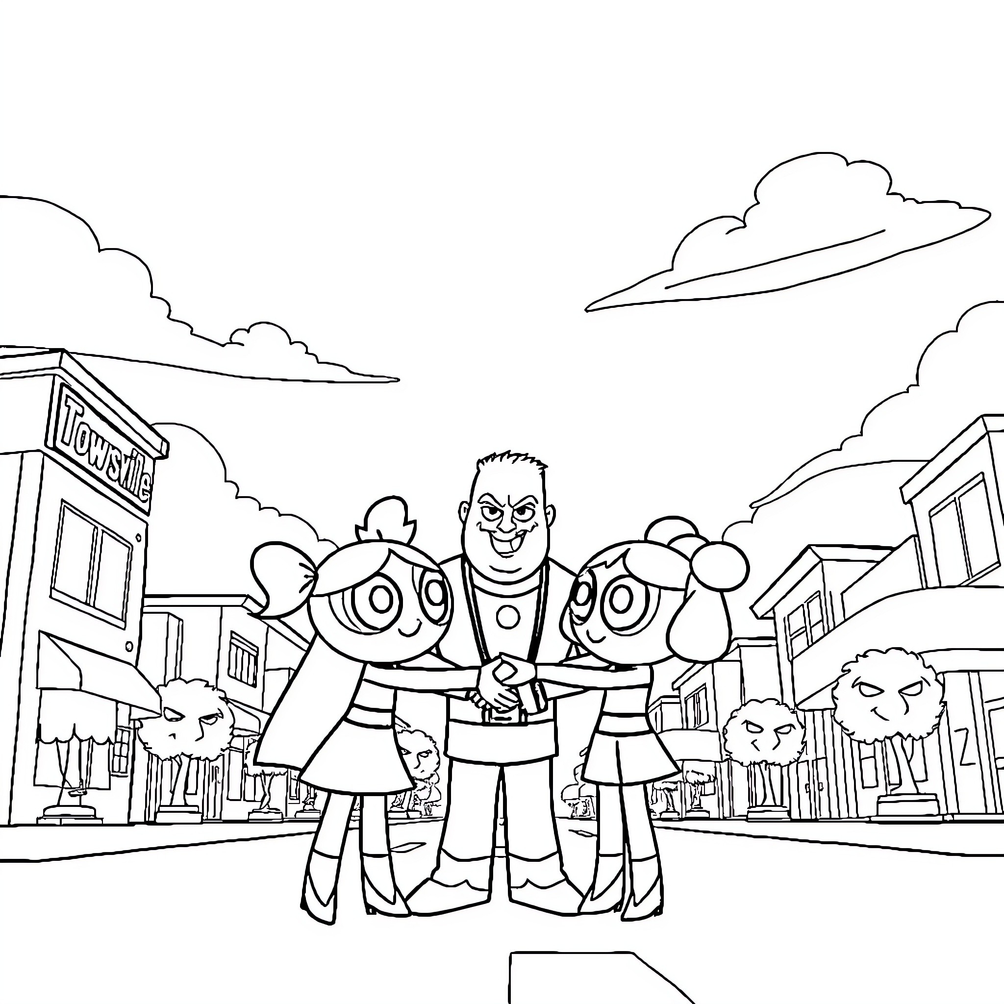 Powerpuff Girls in an animated city landscape Coloring Page (free black-and-white line drawing printable PDF for all, from beginners to advanced learners, including children, teens, adults, and seniors)