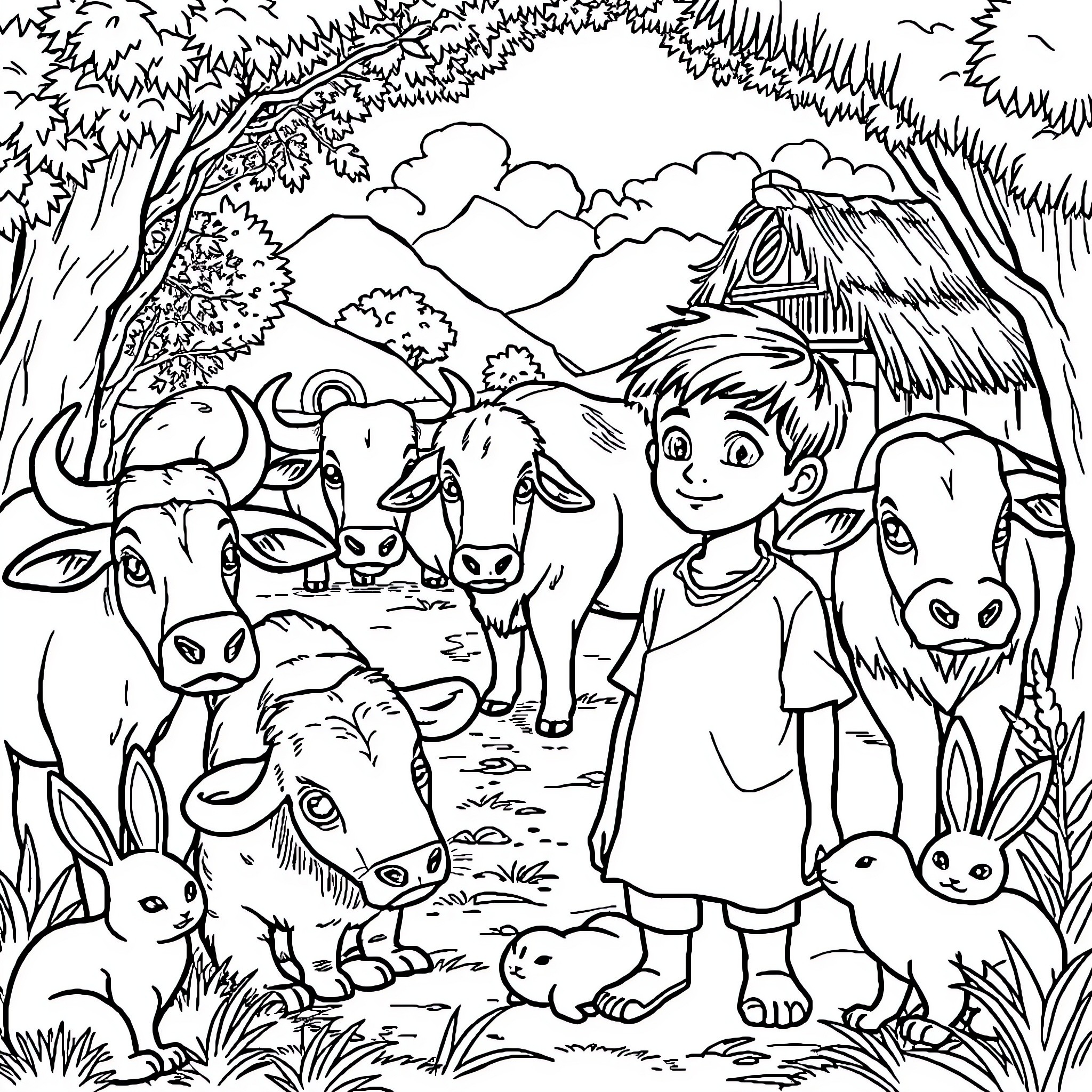 Boy explores lively farm with animals and nature Coloring Page (free black-and-white line drawing printable PDF for all, from beginners to advanced learners, including children, teens, adults, and seniors)