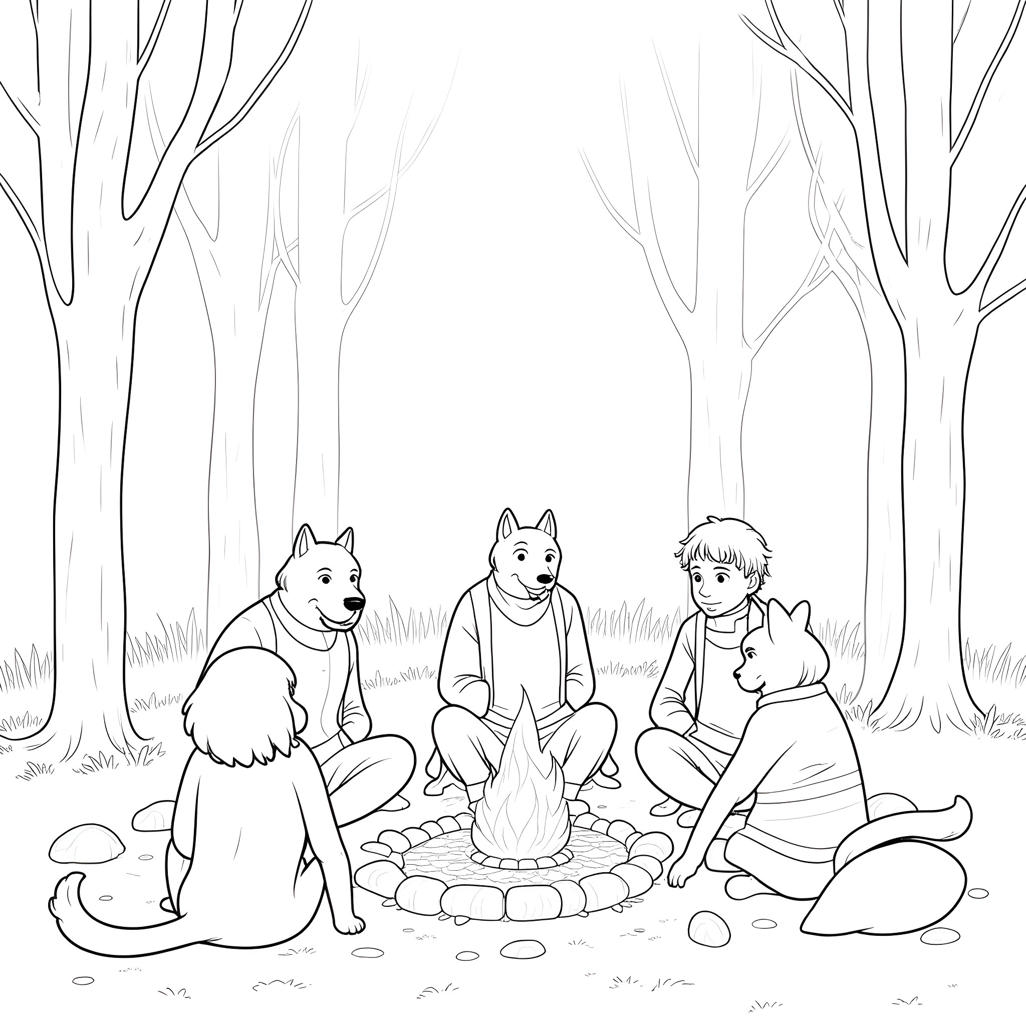 Bungo Stray Dogs characters in a serene forest setting Coloring Page (free black-and-white line drawing printable PDF for all, from beginners to advanced learners, including children, teens, adults, and seniors)