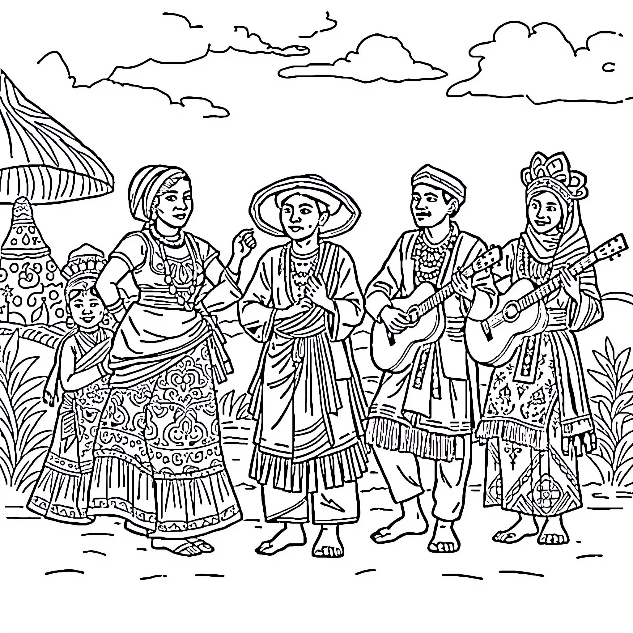 Moluccas people celebrating with traditional costumes and instruments Coloring Page (free black-and-white line drawing printable PDF for all, from beginners to advanced learners, including children, teens, adults, and seniors)
