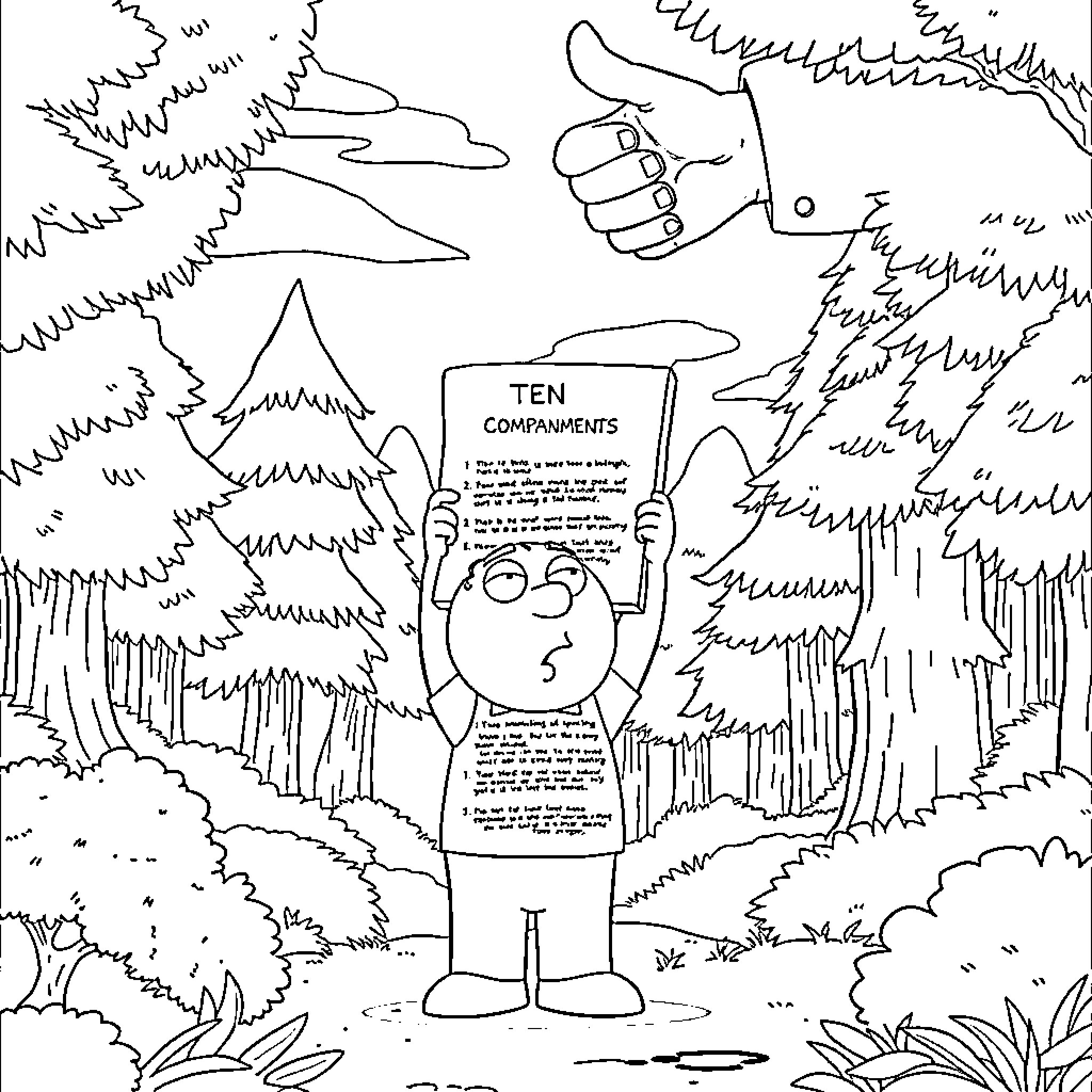 Stewie holding the Ten Commandments in the forest Coloring Page (free black-and-white line drawing printable PDF for all, from beginners to advanced learners, including children, teens, adults, and seniors)
