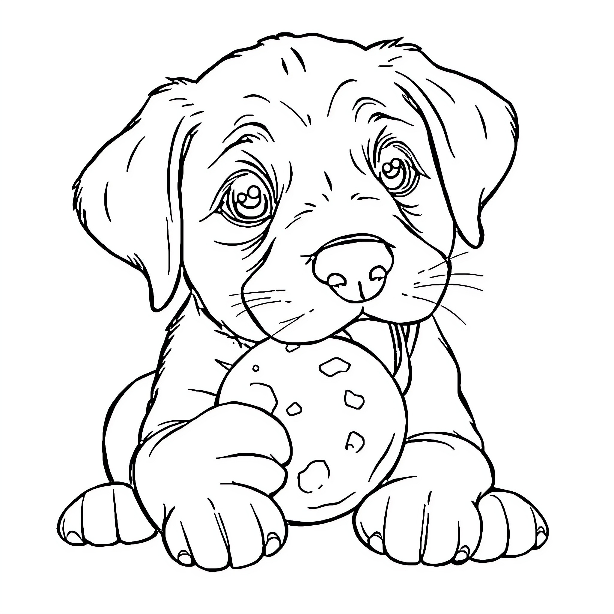 Puppy Playing with Toy Coloring Page (free black-and-white line drawing printable PDF for all, from beginners to advanced learners, including children, teens, adults, and seniors)