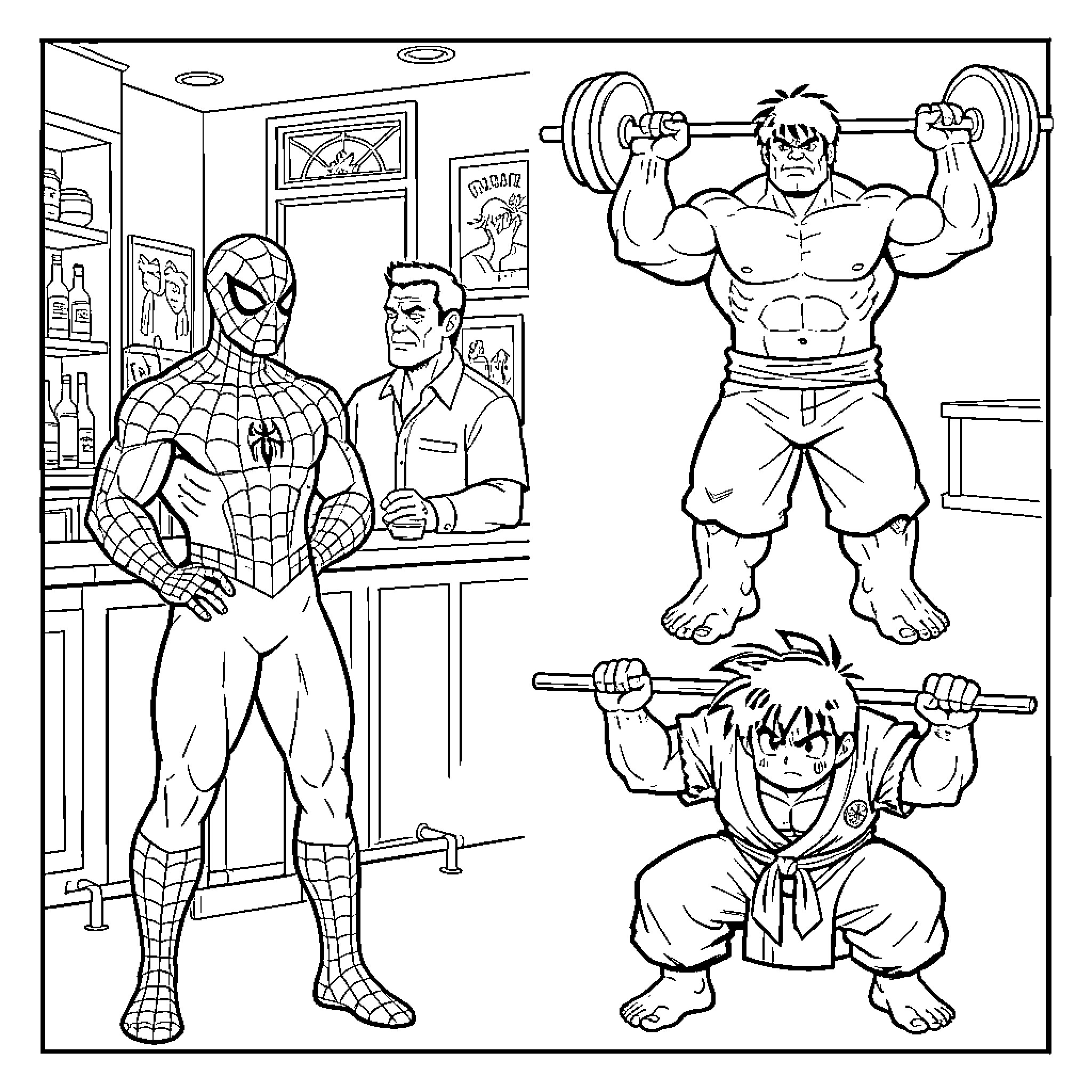 Superhero characters posing and exercising in various scenes Coloring Page (free black-and-white line drawing printable PDF for all, from beginners to advanced learners, including children, teens, adults, and seniors)