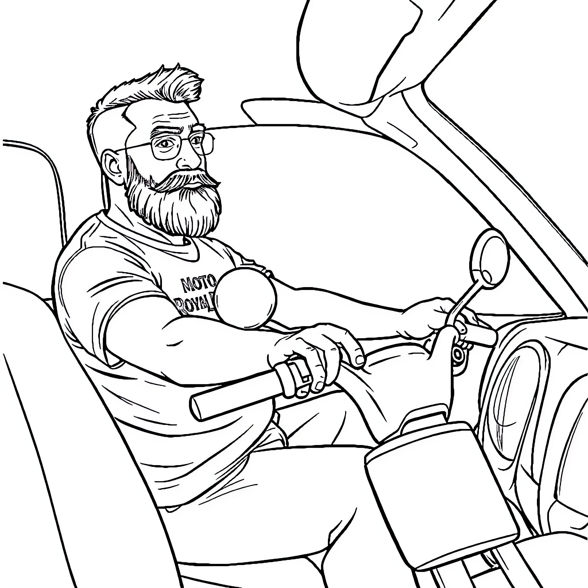 Homme in motorcycle, focused and in control Coloring Page (free black-and-white line drawing printable PDF for all, from beginners to advanced learners, including children, teens, adults, and seniors)